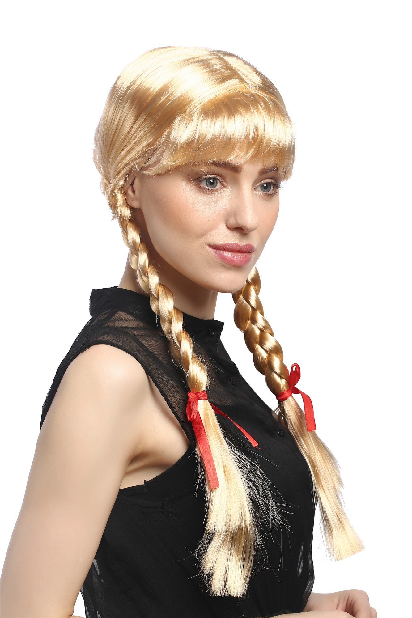 Lady Wig Halloween Lolita schoolgirl long braided plaits fringe blond XR-008, front view, WIG ME UP: Your Perücken Online Shop Party Wig, Ladies, light golden blonde, Braided, long