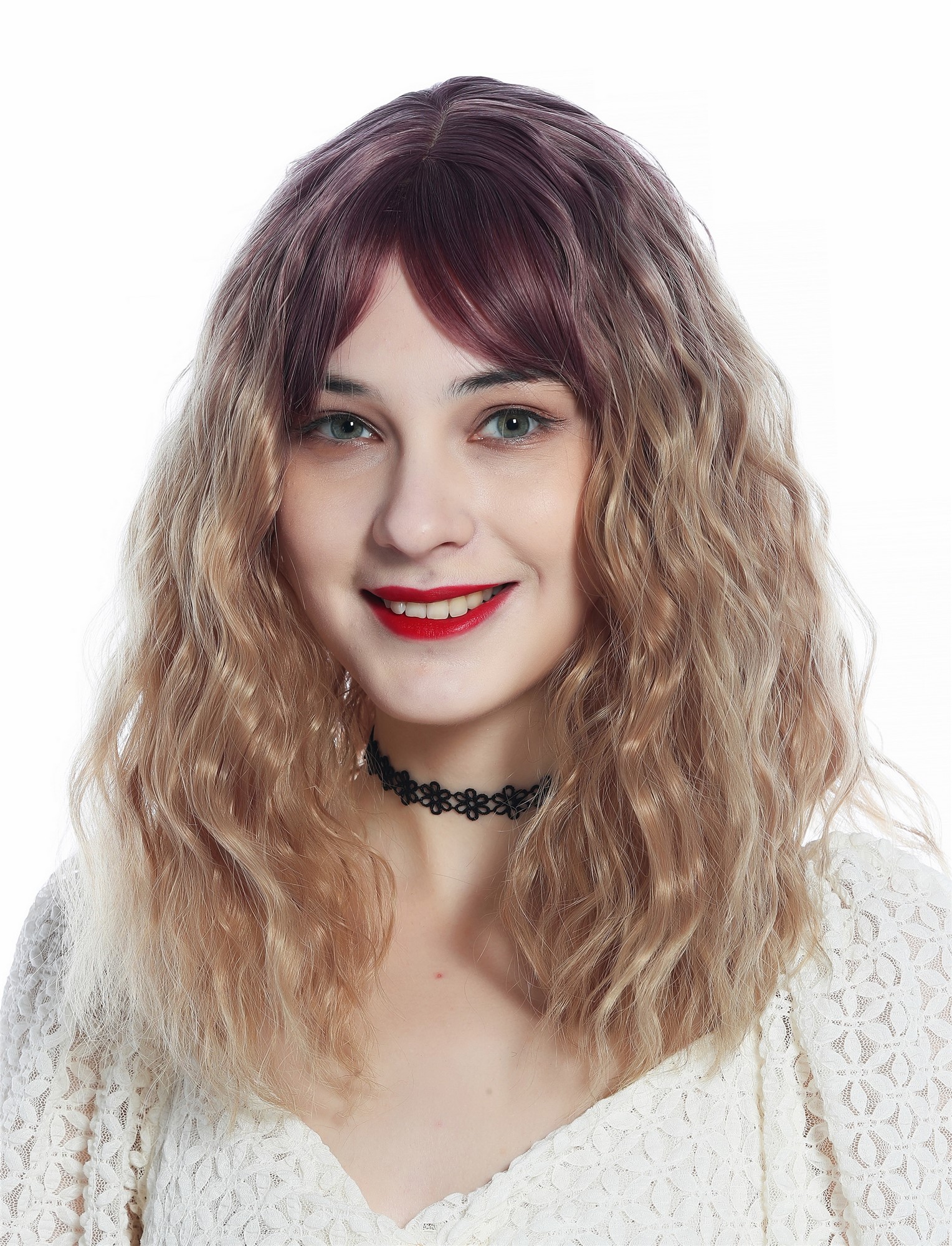 Lady wig shoulder-length voluminous wild wavy bangs ombre violet blond SZL0846SZ, front view, WIG ME UP: Your Perücken Online Shop Quality Wigs, Ladies, violet-matte light blonde gradient, wavy, shoulder-length