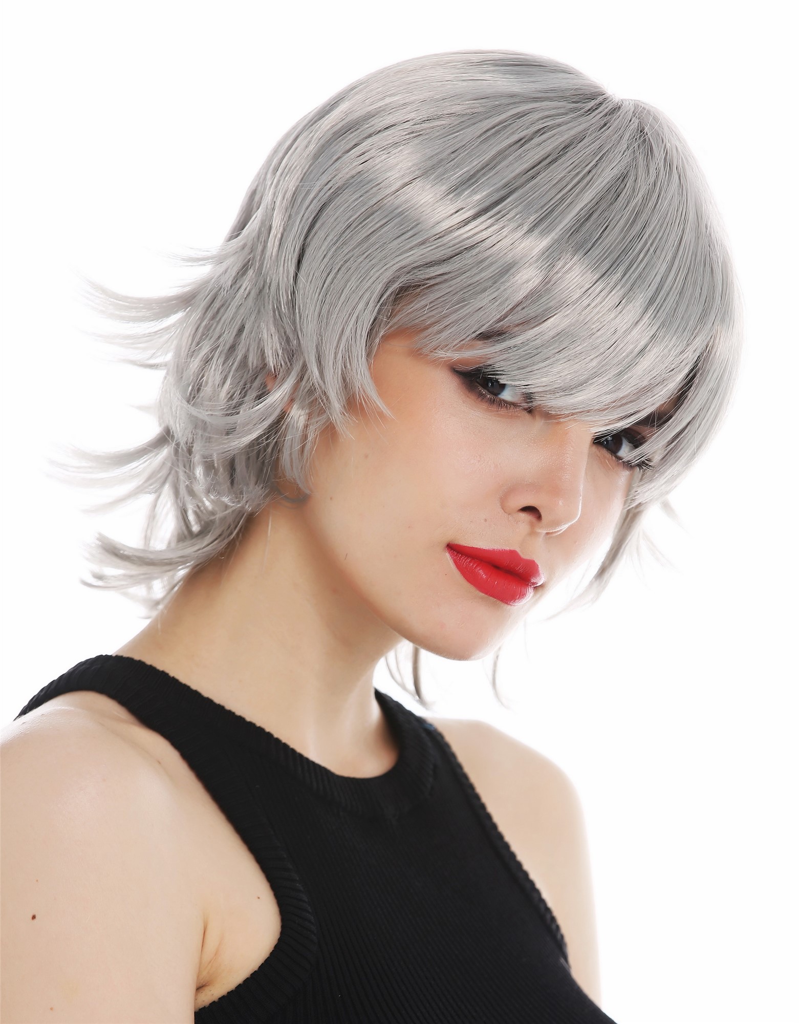 Wig women lady carnival cosplay short wild highlights grey gray unisex 60297, front view, WIG ME UP: Your Perücken Online Shop Party Wig, Ladies, silver gray, wavy, short
