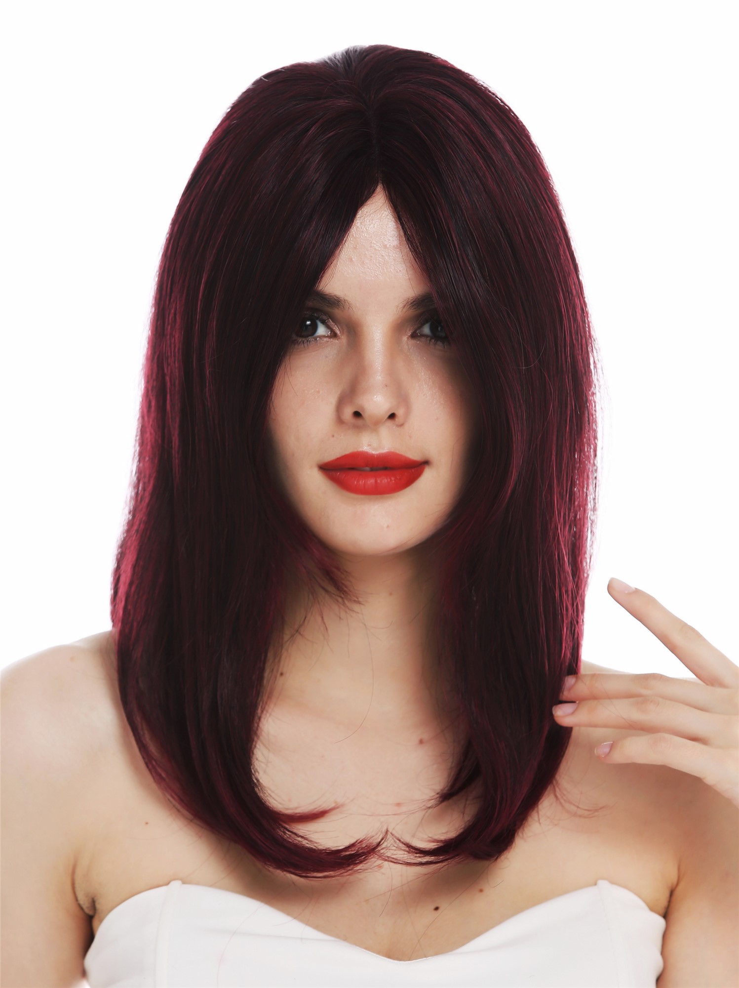 Lady wig lace front monofilaments long sleek black red highlights TYM-701-MF, front view, WIG ME UP: Your Perücken Online Shop Quality Wigs, Ladies, black-red mix, straight, shoulder-length