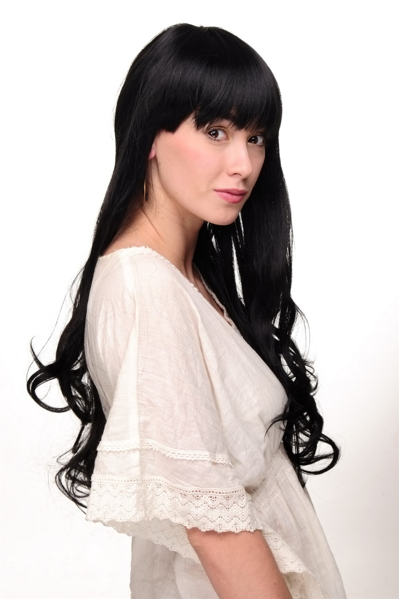 hochwertige Qualitätsperücken, Damen Perücke lange glatte Haare & wellige Spitzen Pony schwarz 3116-1B, Ansicht 3, WIG ME UP: Ihr Perücken Online Shop wellige Tressen-Perücke mit Kopfhaut-Imitat Samtschwarz lange Haare für Damen