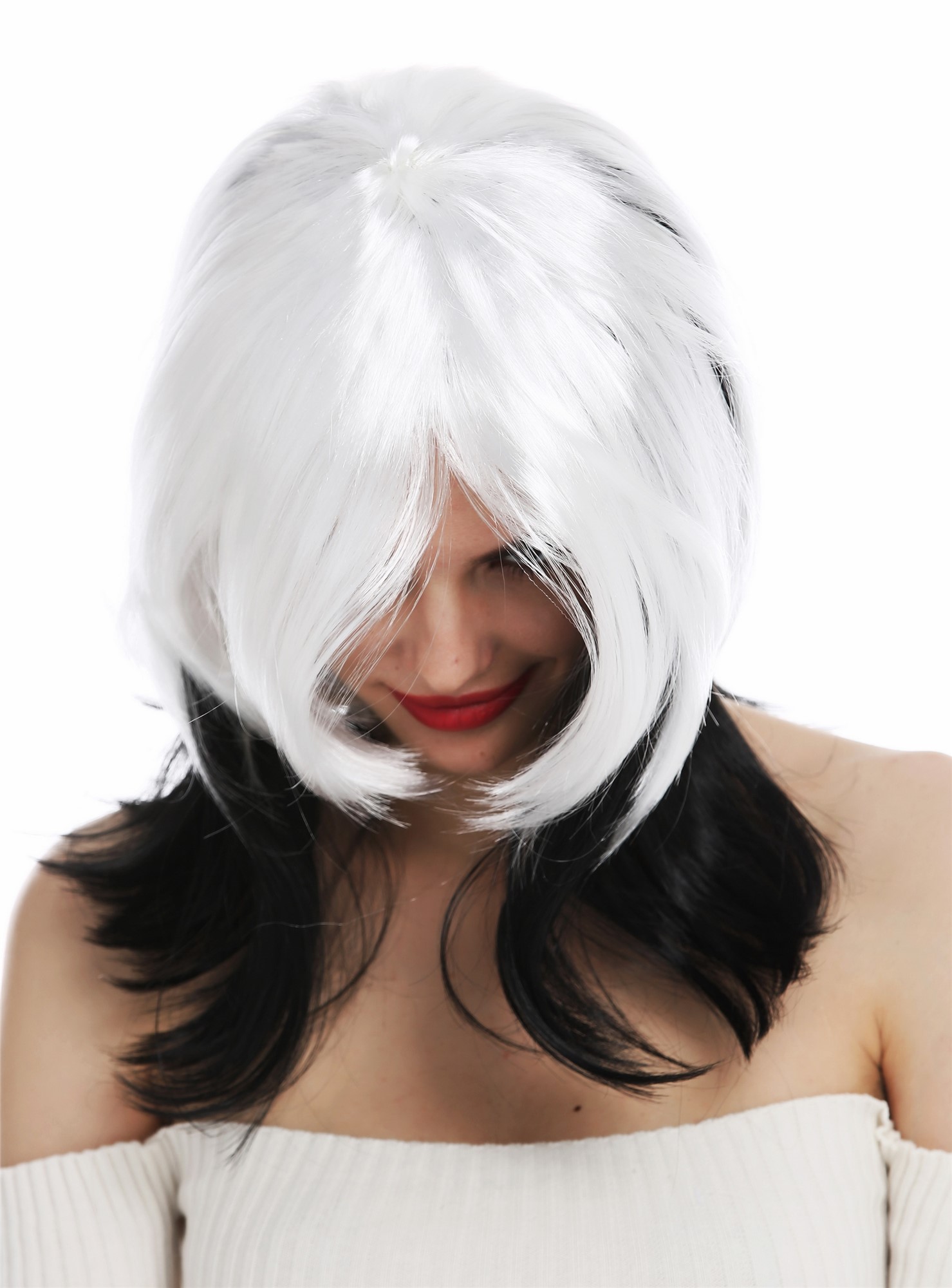 günstige Party Perücke, Perücke schwarz weiß gestuft Vamp 6820706-P103-68, Ansicht 4, WIG ME UP: Ihr Perücken Online Shop glatte Party Perücke Tiefschwarz-Weiß-Mix schulterlange Haare für Damen