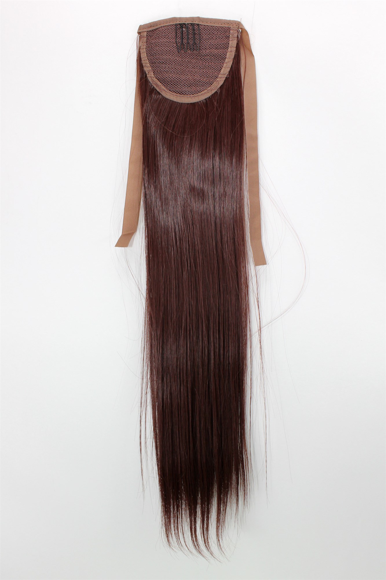 YZF-TS18-33 Hairpiece Pontail Pigtail extension slim light straight comb and ribbon dark auburn red brown, view 2, WIG ME UP: Your Perücken Online Shop Ponytails, chestnut brown, straight, shoulder-length