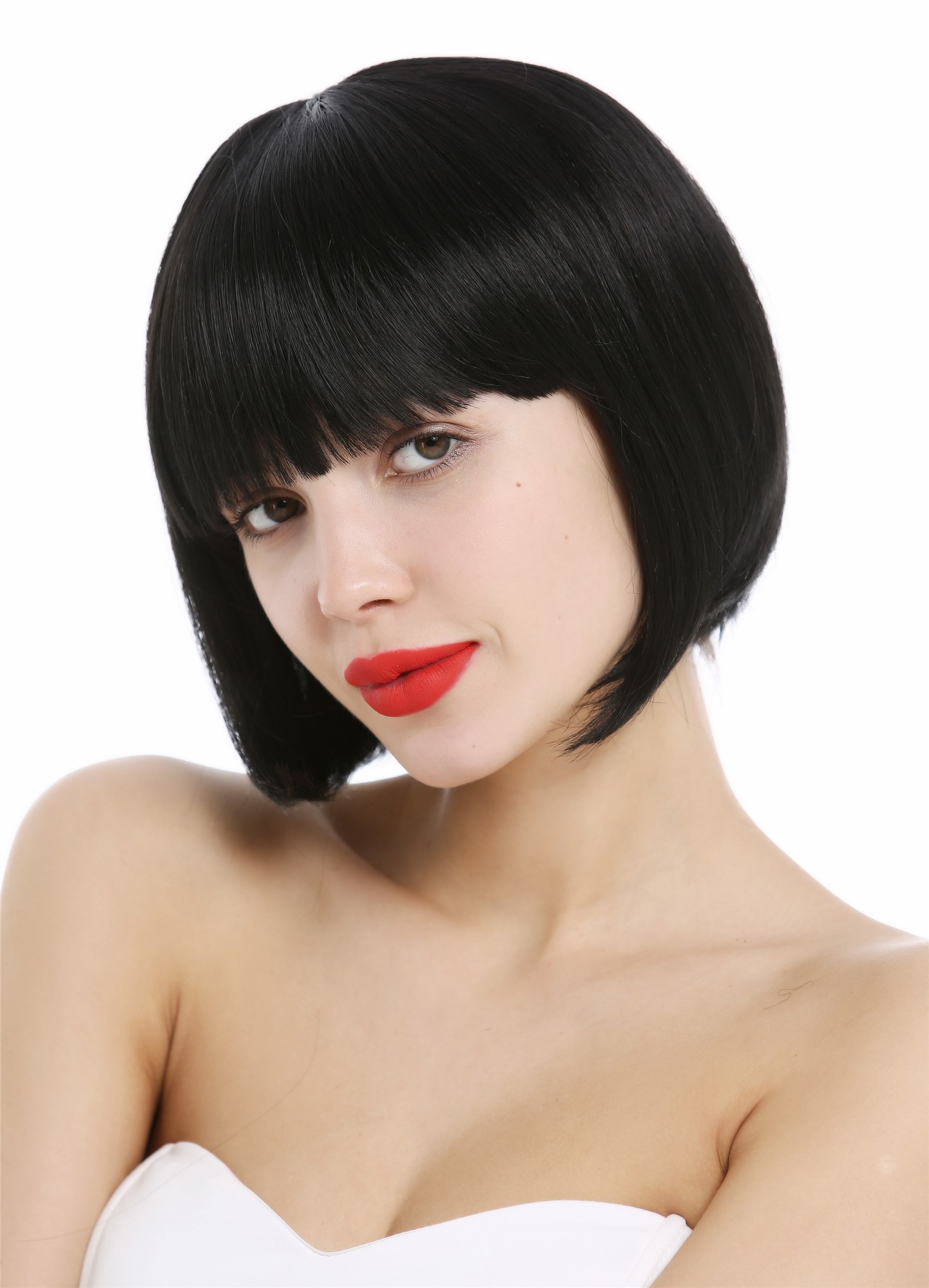 Short Lady women Wig classy classic Bob style straight bangs sleek black VK-4, front view, WIG ME UP: Your Perücken Online Shop Quality Wigs, Ladies, velvet black, straight, short