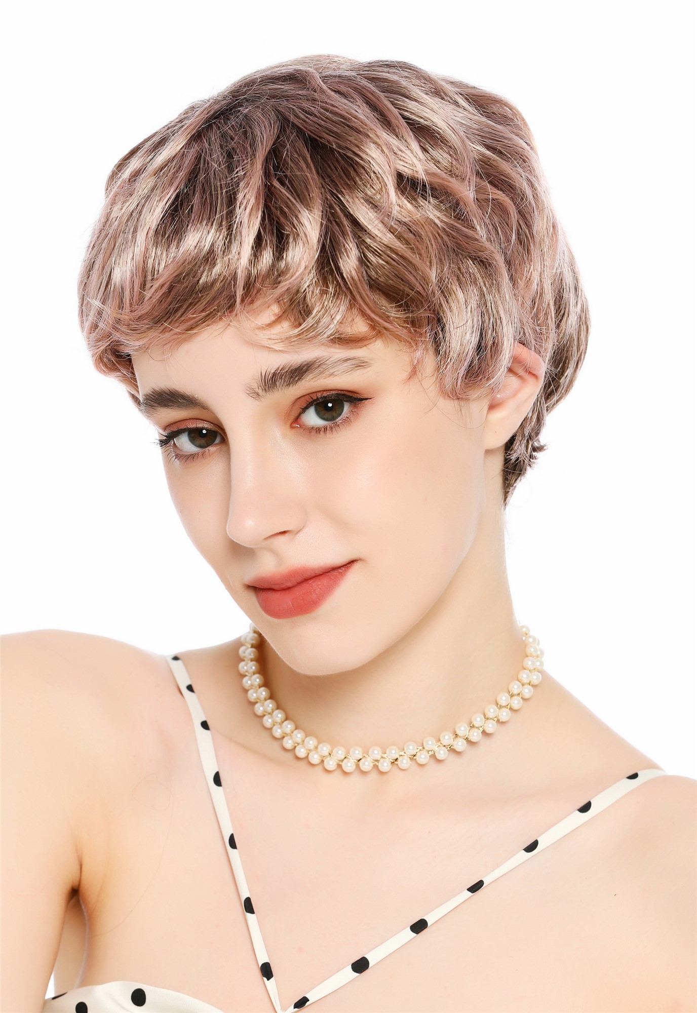 Perücke Damen Herren burschikos androgyn unsisex kurz wild gewellt Blond Mix Rosa Strähnchen VK-72-2215T