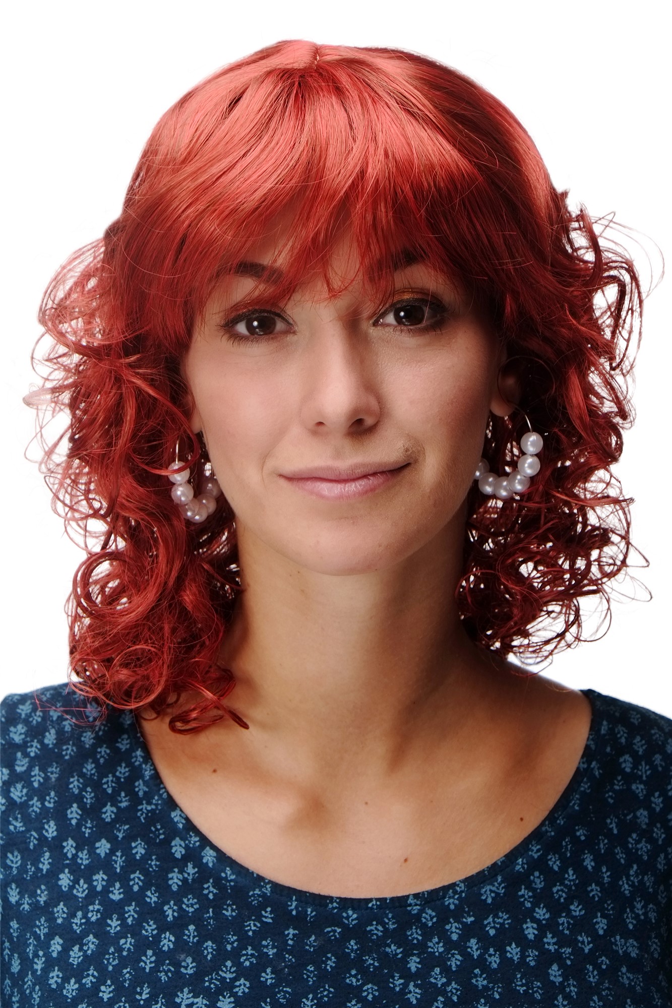 Incredibly Cute Lady  Wig Romantic Curls fringe parted shoulder length bright fiery red mix, front view, WIG ME UP: Your Perücken Online Shop Quality Wigs, Ladies, Red, curled, shoulder-length