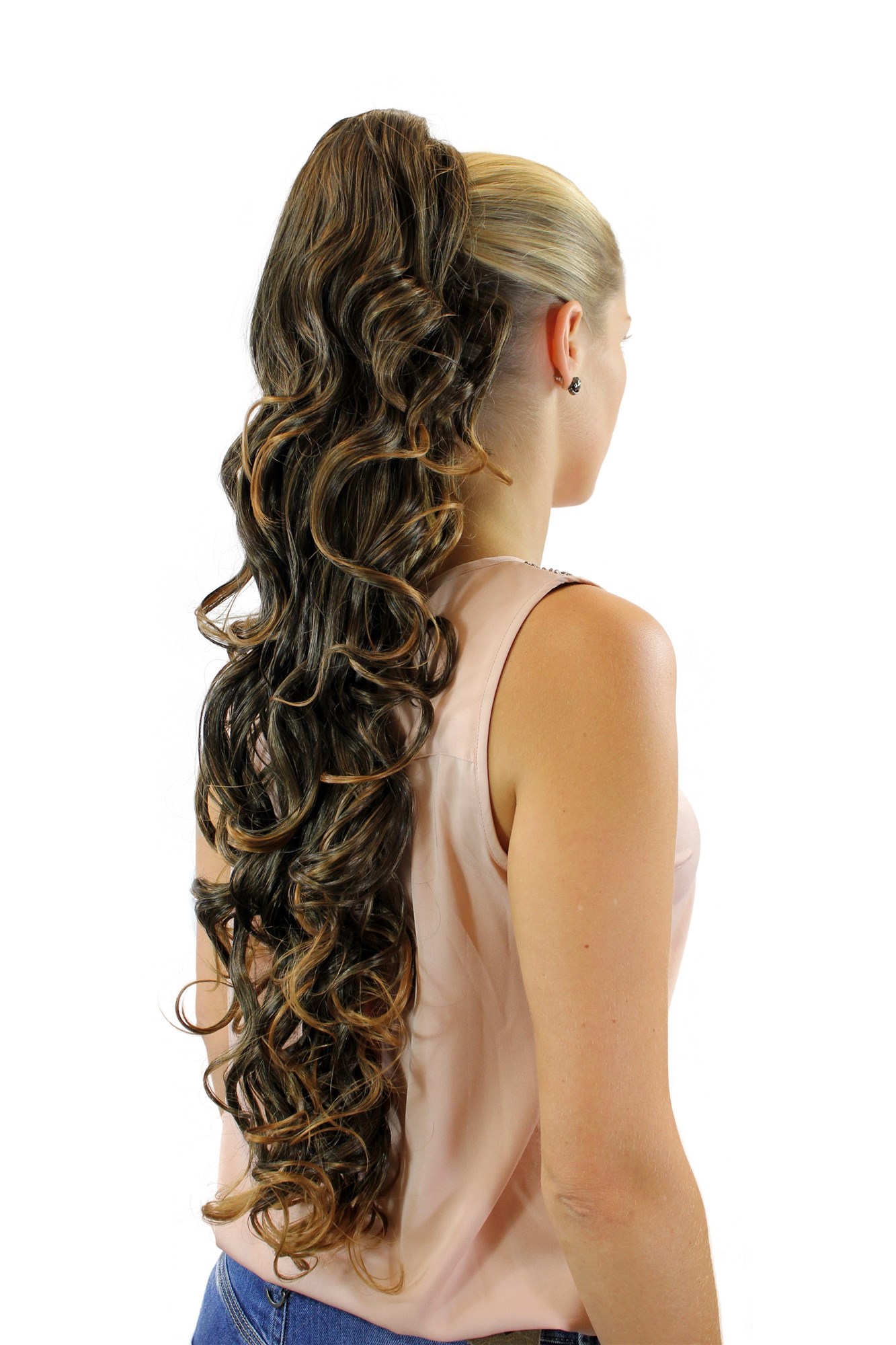 XF-6099-2T27 Ponytail Hairpiece extension extremely long curled curly curls dark brown streaked blond highlights 29", front view, WIG ME UP: Your Perücken Online Shop Ponytails, black-brown-medium blonde mix, curled, very long