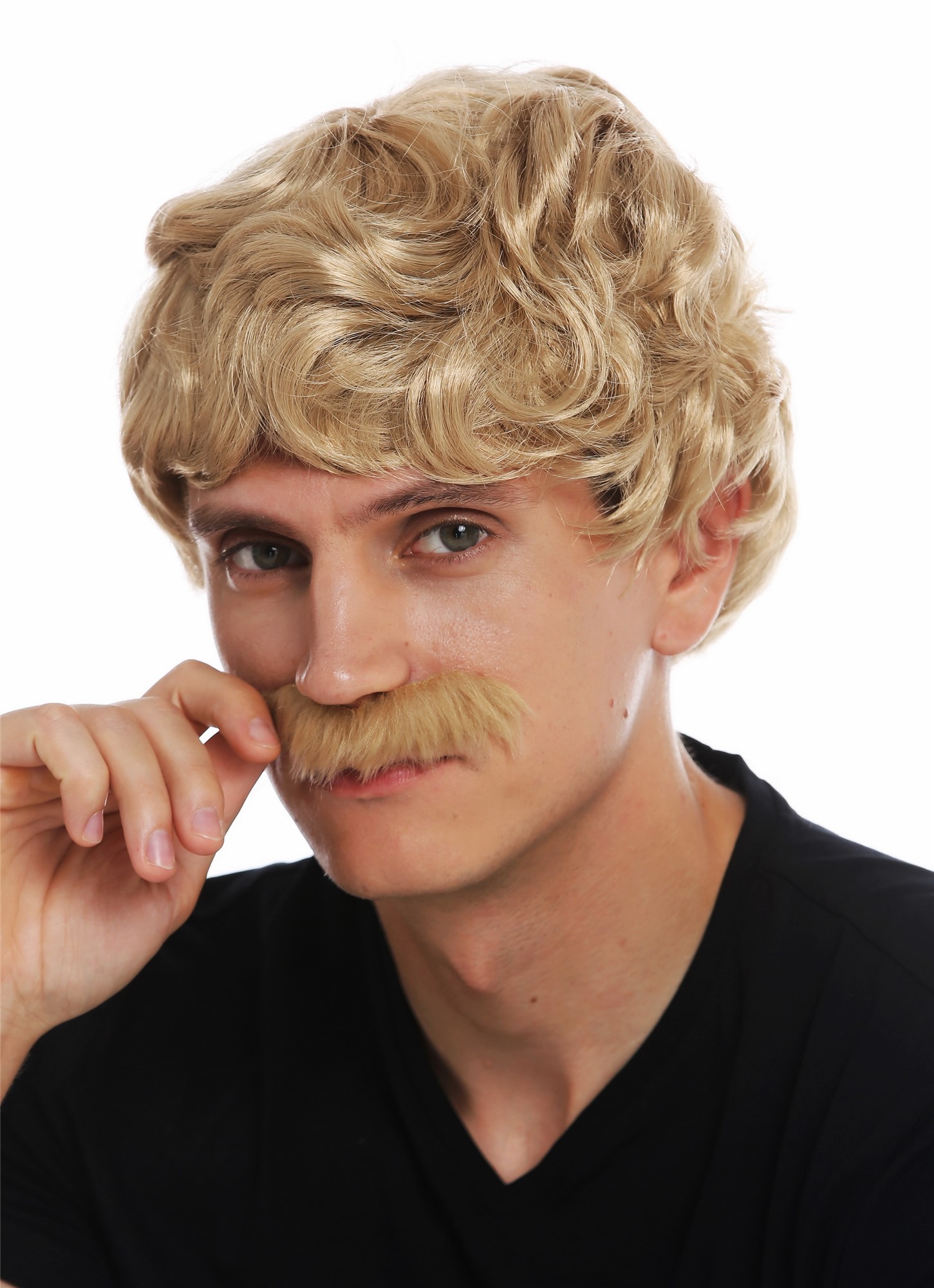 günstige Party Perücke, Perücke Schnauzbart kurz wellig blond 69089-ZA82A, Vorderansicht, WIG ME UP: Ihr Perücken Online Shop wellige Party Perücke Karamellblond kurze Haare für Herren