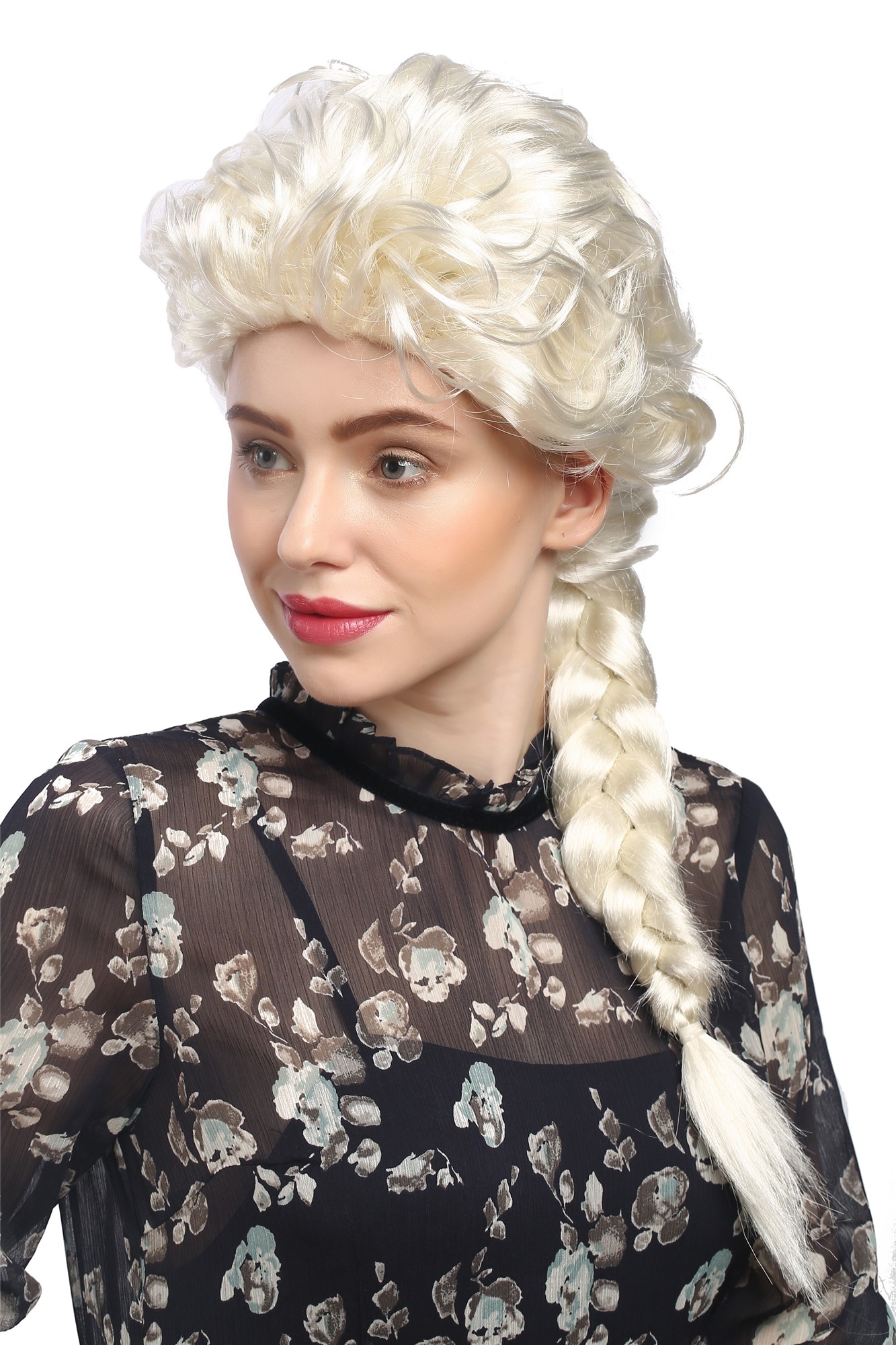 Baroque Lady Party Wig platinum bright blond long braided ponytail Princess 051, front view, WIG ME UP: Your Perücken Online Shop Party Wig, Ladies, Blonde, Braided, long