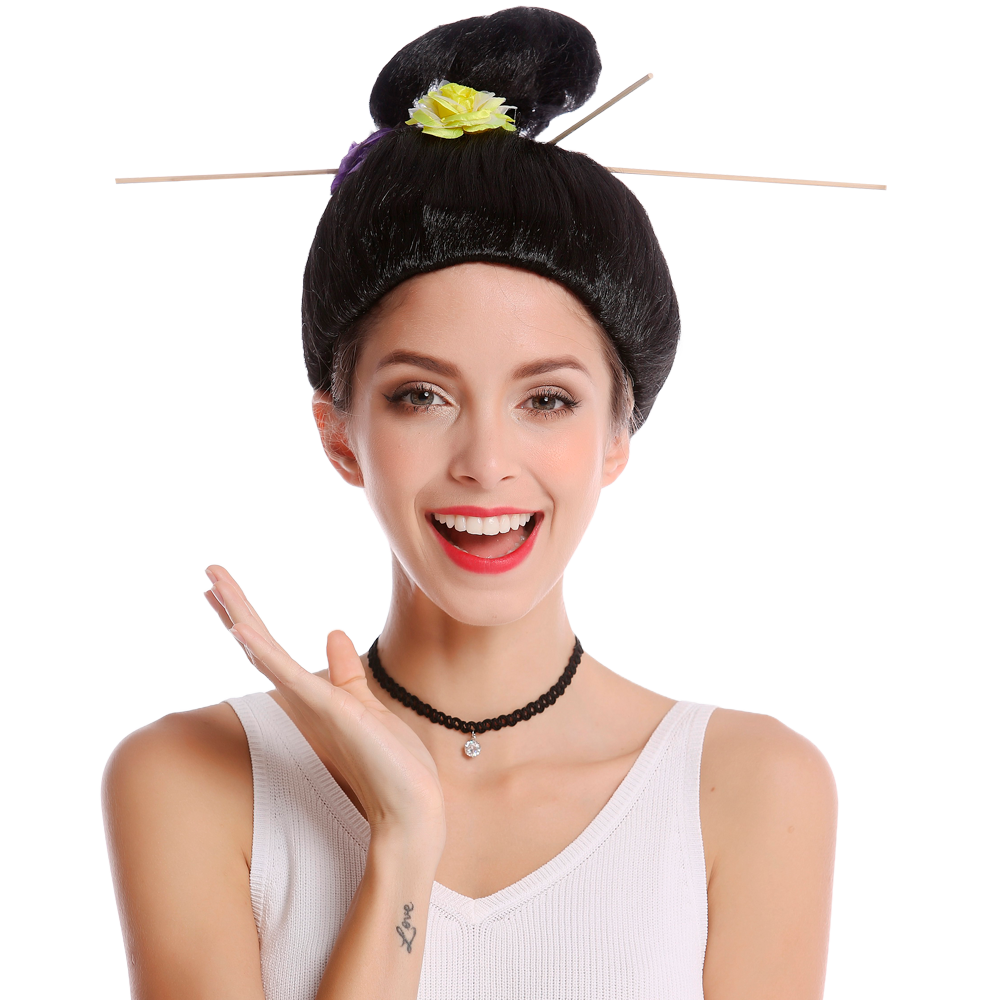 Category image for wigs with Asian look and Geisha theme Black, smooth wig tied tightly upwards with a bun on the top of the head, which is decorated with a yellow rose and has wooden sticks for holding in the style of a geisha