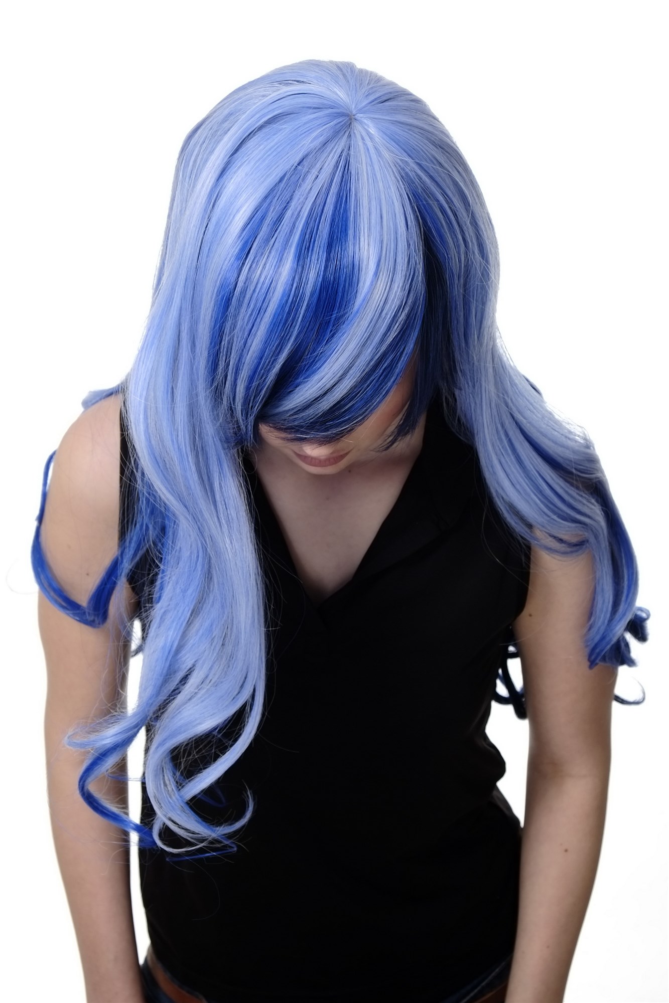 hochwertige Qualitätsperücken, Perücke Cosplay Emo Blau durchsträhnte lange gewellte Haarpracht 2307-2217YE, Ansicht 5, WIG ME UP: Ihr Perücken Online Shop wellige Tressen-Perücke Schwarz-Hellblau-Mix lange Haare für Damen