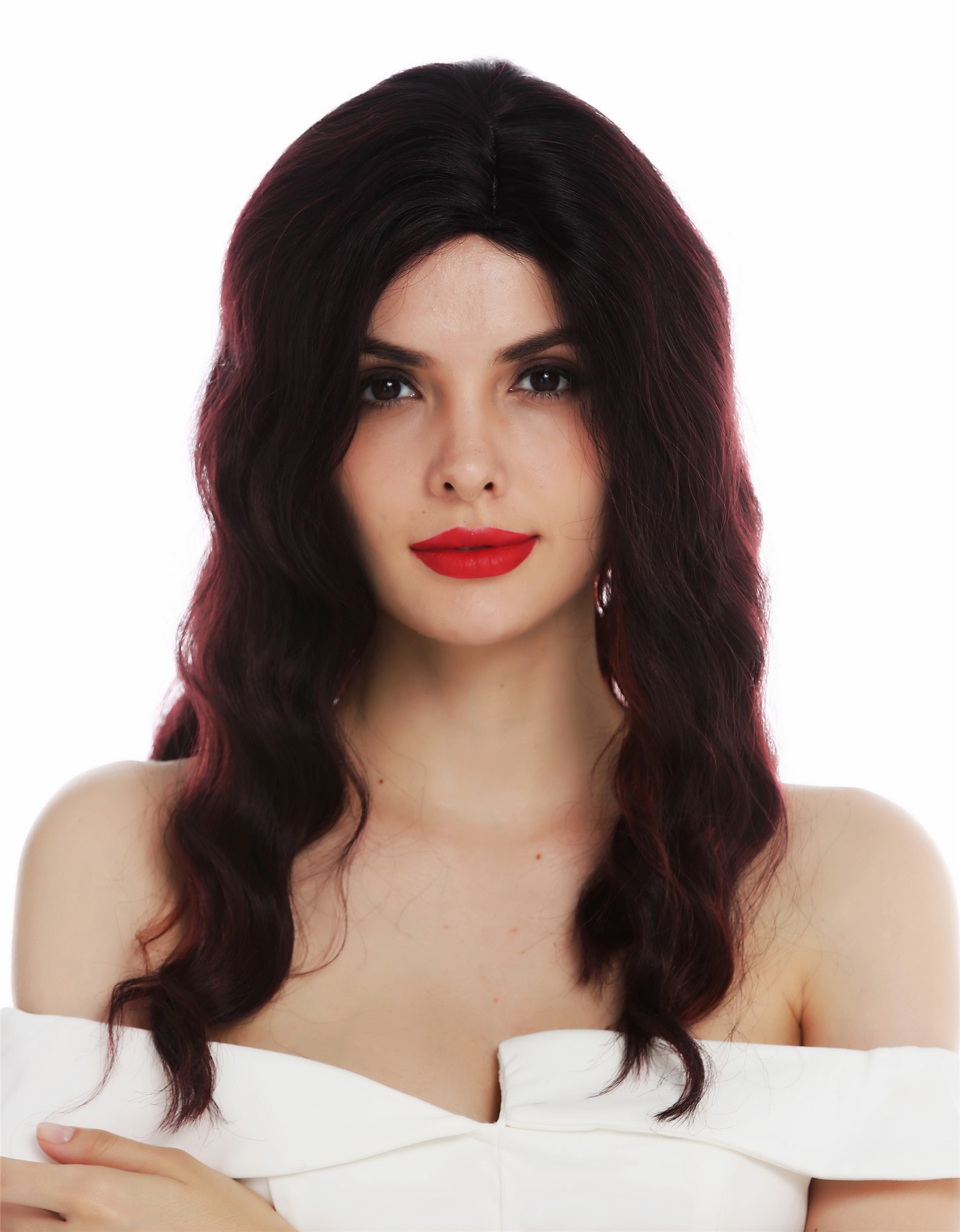 hochwertige Qualitätsperücken, Perücke lang Scheitel edel wellig gewellt Schwarz Rot gesträhnt Hollywood Diva VK-58-OMFIRERED, Ansicht 3, WIG ME UP: Ihr Perücken Online Shop wellige Tressen-Perücke mit Kopfhaut-Imitat Schwarz-Rot-Mix schulterlange Haare für Damen