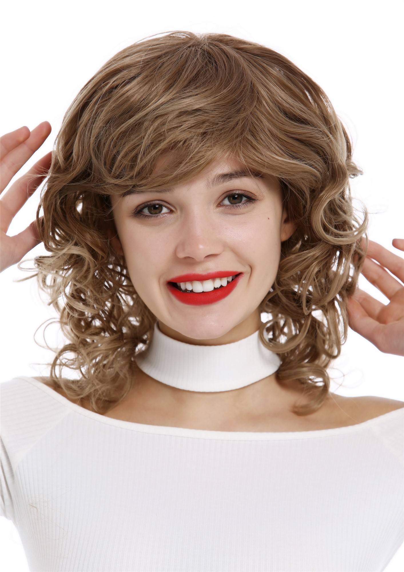 hochwertige Qualitätsperücken, Perücke schulterlang Locken lockig Braun Blond gesträhnt ETW-7155AHT-12T16, Ansicht 4, WIG ME UP: Ihr Perücken Online Shop lockige Tressen-Perücke Hellbraun schulterlange Haare für Damen
