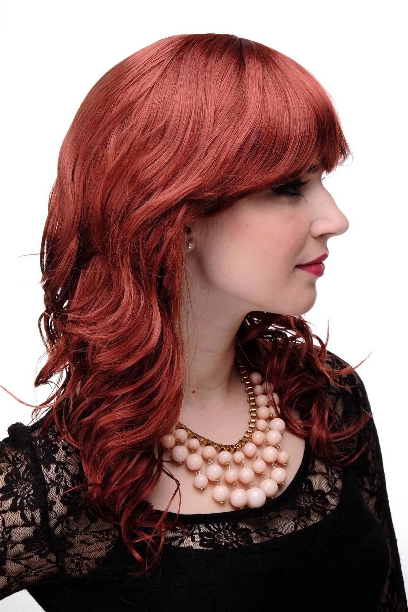 hochwertige Qualitätsperücken, Wellige halblange Damen Perücke Rot Dunkel-Kupferrot 5019-135, Ansicht 3, WIG ME UP: Ihr Perücken Online Shop wellige Tressen-Perücke mit Kopfhaut-Imitat Dunkel-Kupferrot lange Haare für Damen