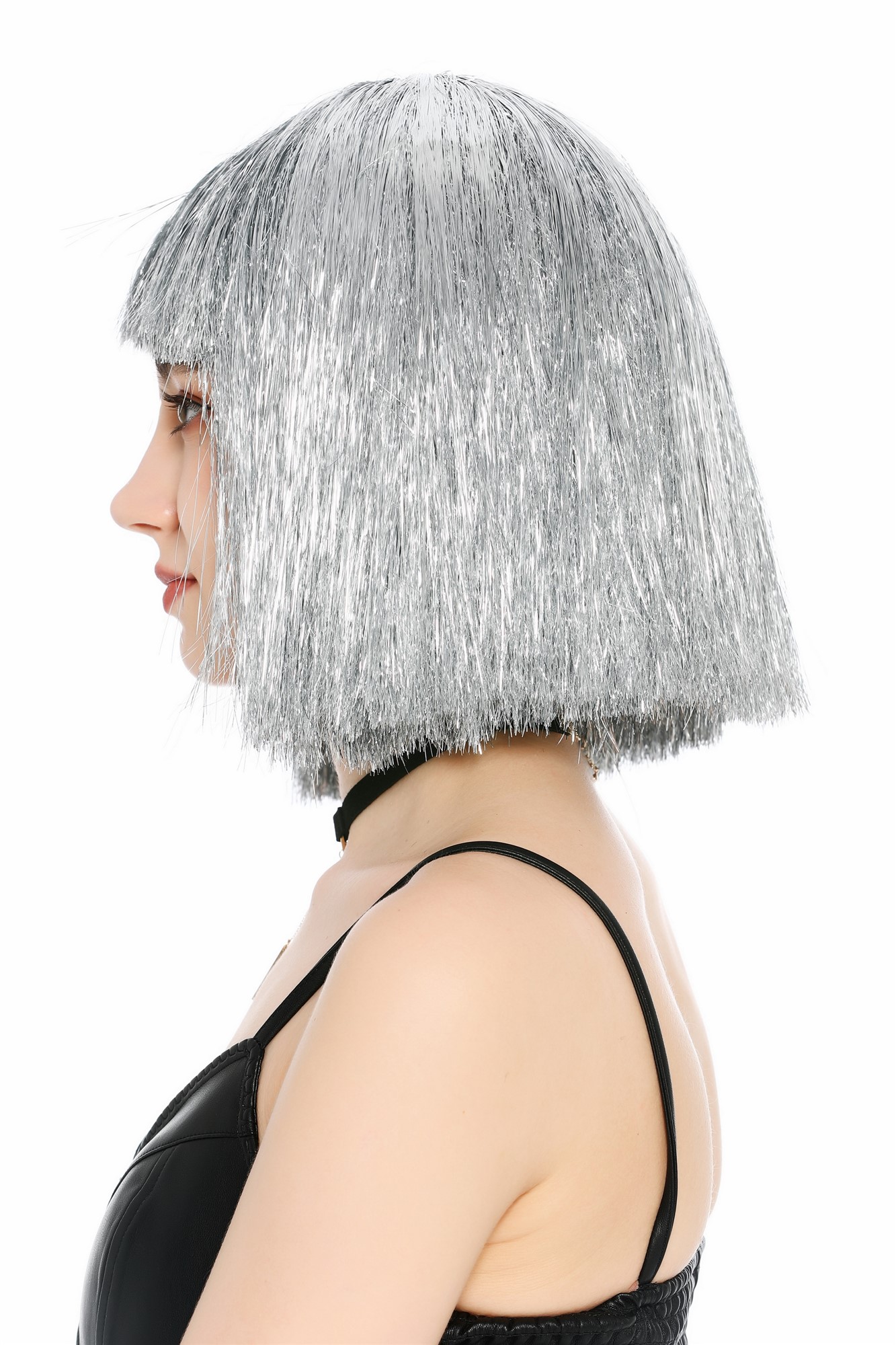 Perücke Damen Glitzer Lametta Tinsel Look Longbob Pony Disco Glam Silber VK-42-TN12