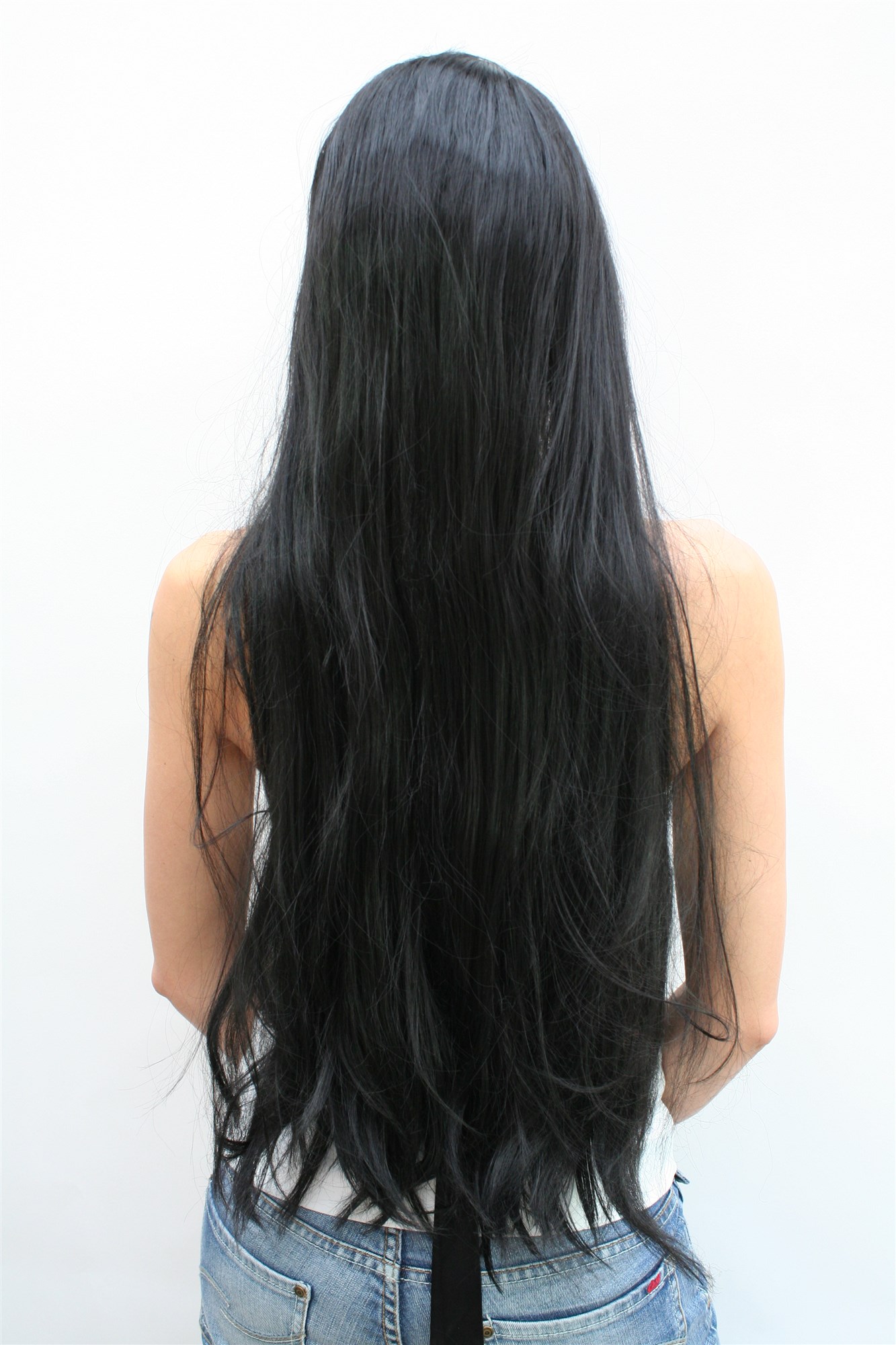 günstige Party Perücke, Karneval: Superlange schwarze Perücke mit Mittelscheitel TH46, Ansicht 3, WIG ME UP: Ihr Perücken Online Shop glatte Party Perücke Schwarz sehr lange Haare für Damen