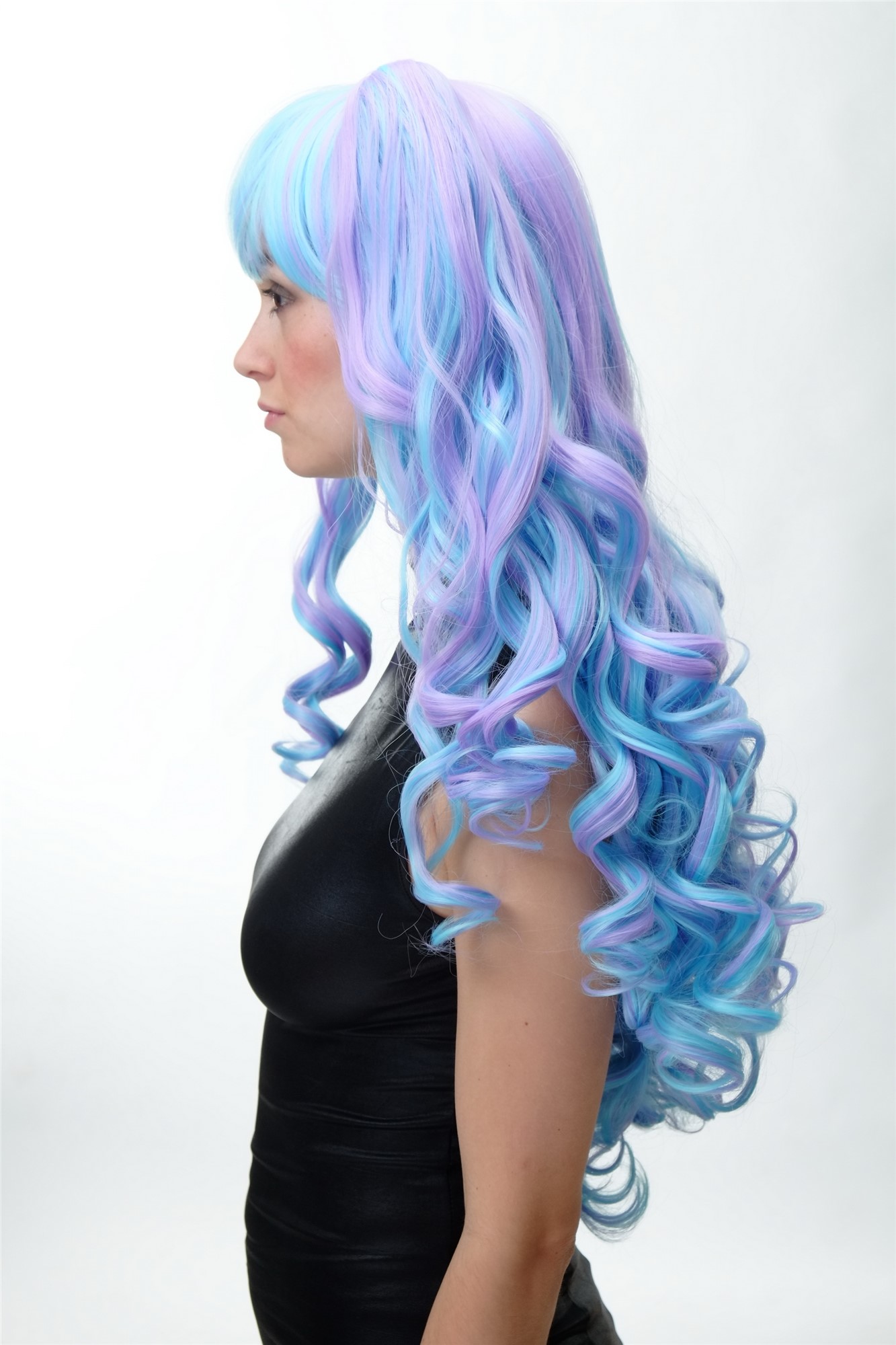 hochwertige Qualitätsperücken, Perücke Cosplay Lang Zöpfe Blau Lila YZF-7092L+A, Ansicht 3, WIG ME UP: Ihr Perücken Online Shop lockige Tressen-Perücke mit Kopfhaut-Imitat Blau-Lila-Mix sehr lange Haare für Damen