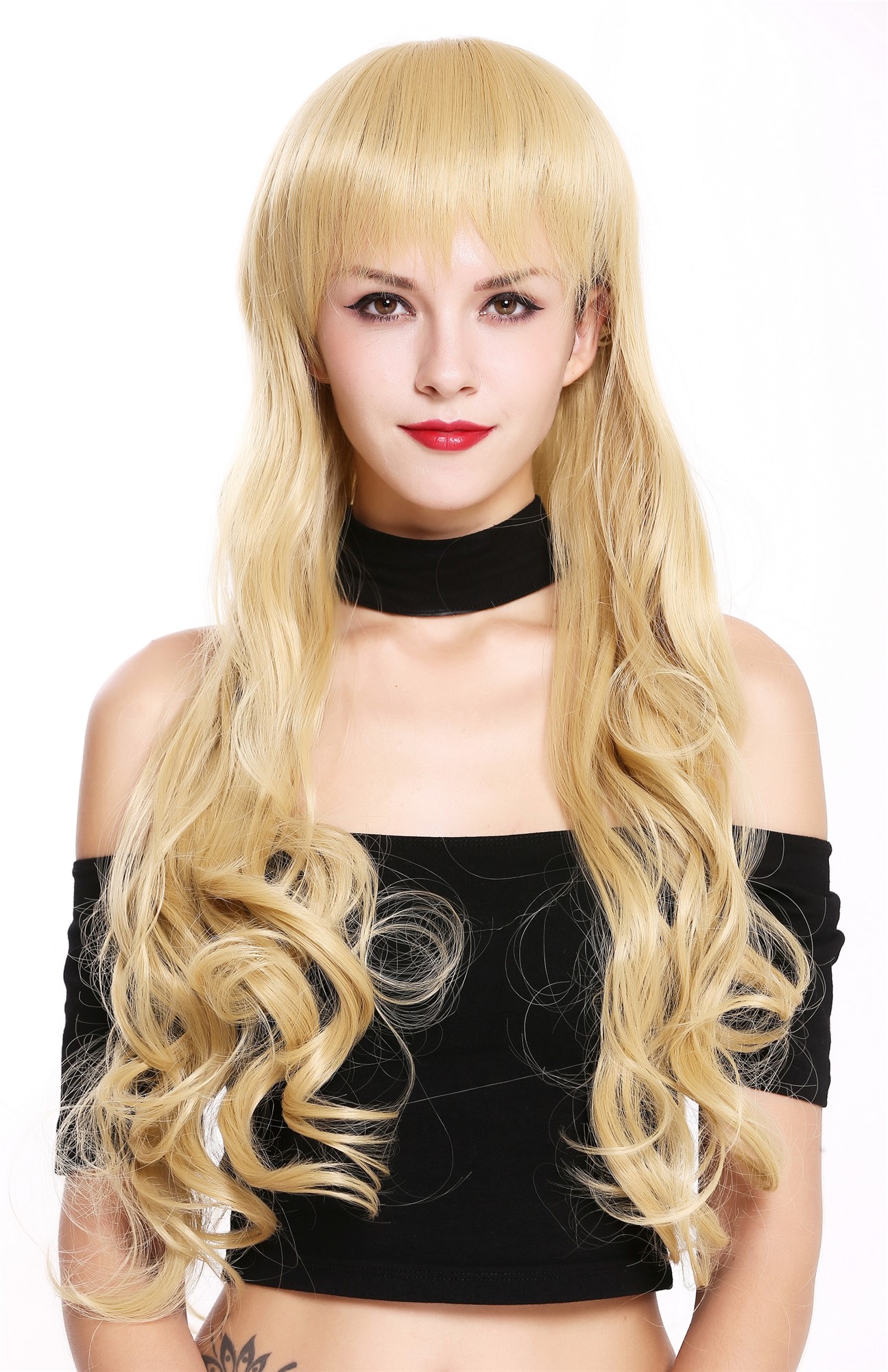 hochwertige Qualitätsperücken, Perücke Pony Lang Locken Goldblond 6057-24B, Vorderansicht, WIG ME UP: Ihr Perücken Online Shop lockige Tressen-Perücke mit Kopfhaut-Imitat Goldblond lange Haare für Damen