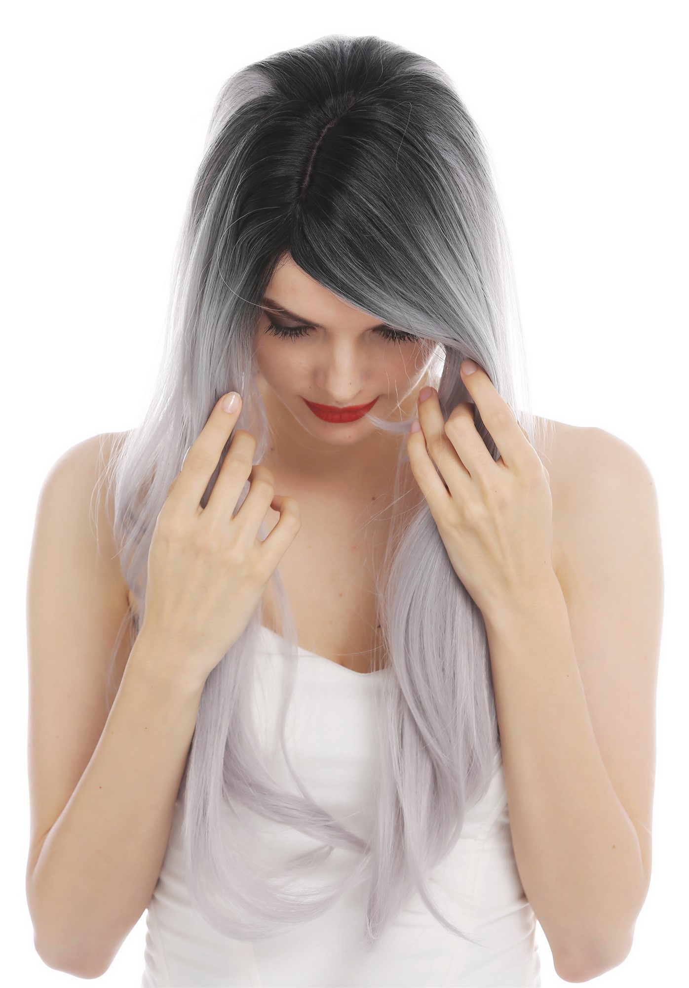 hochwertige Qualitätsperücken, Perücke lang glatt Scheite Ombre Schwarz Grau lRGF-6470C-DXR2PKW-grey, Ansicht 6, WIG ME UP: Ihr Perücken Online Shop glatte Tressen-Perücke mit Kopfhaut-Imitat Schwarz-Grau-Mix lange Haare für Damen