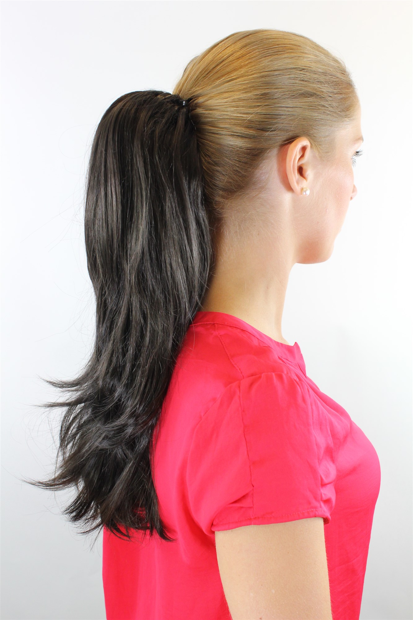 SPU-030-4 Ponytail Hairpiece extension long straight curving tips dark brown buttterfly claw grip 18", view 2, WIG ME UP: Your Perücken Online Shop Ponytails, Brown, straight, shoulder-length