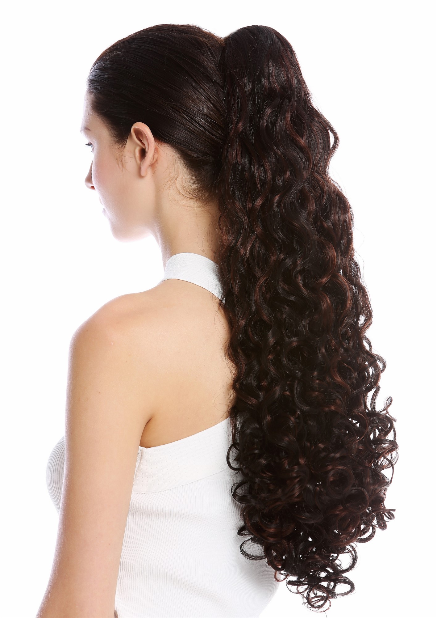 Ponytail Hairpiece very long voluminous curled curls mahogany brown 9563B-V, front view, WIG ME UP: Your Perücken Online Shop Ponytails, brown mix, wavy, long