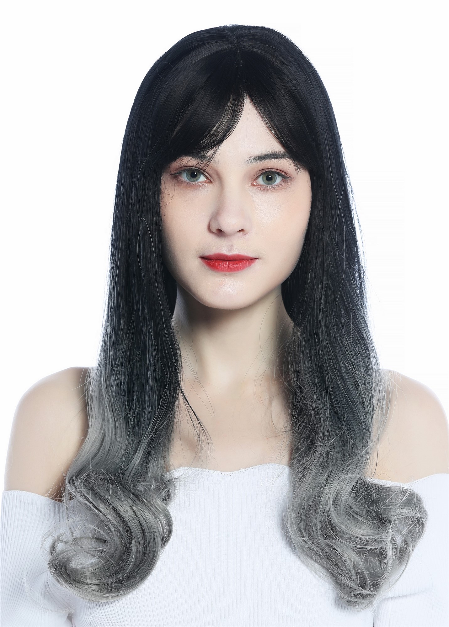 Women's Wig lady long sleek smooth but wavy tips ombre dark brown to grey 1574, front view, WIG ME UP: Your Perücken Online Shop Quality Wigs, Ladies, Dark brown with gray tips, wavy, long