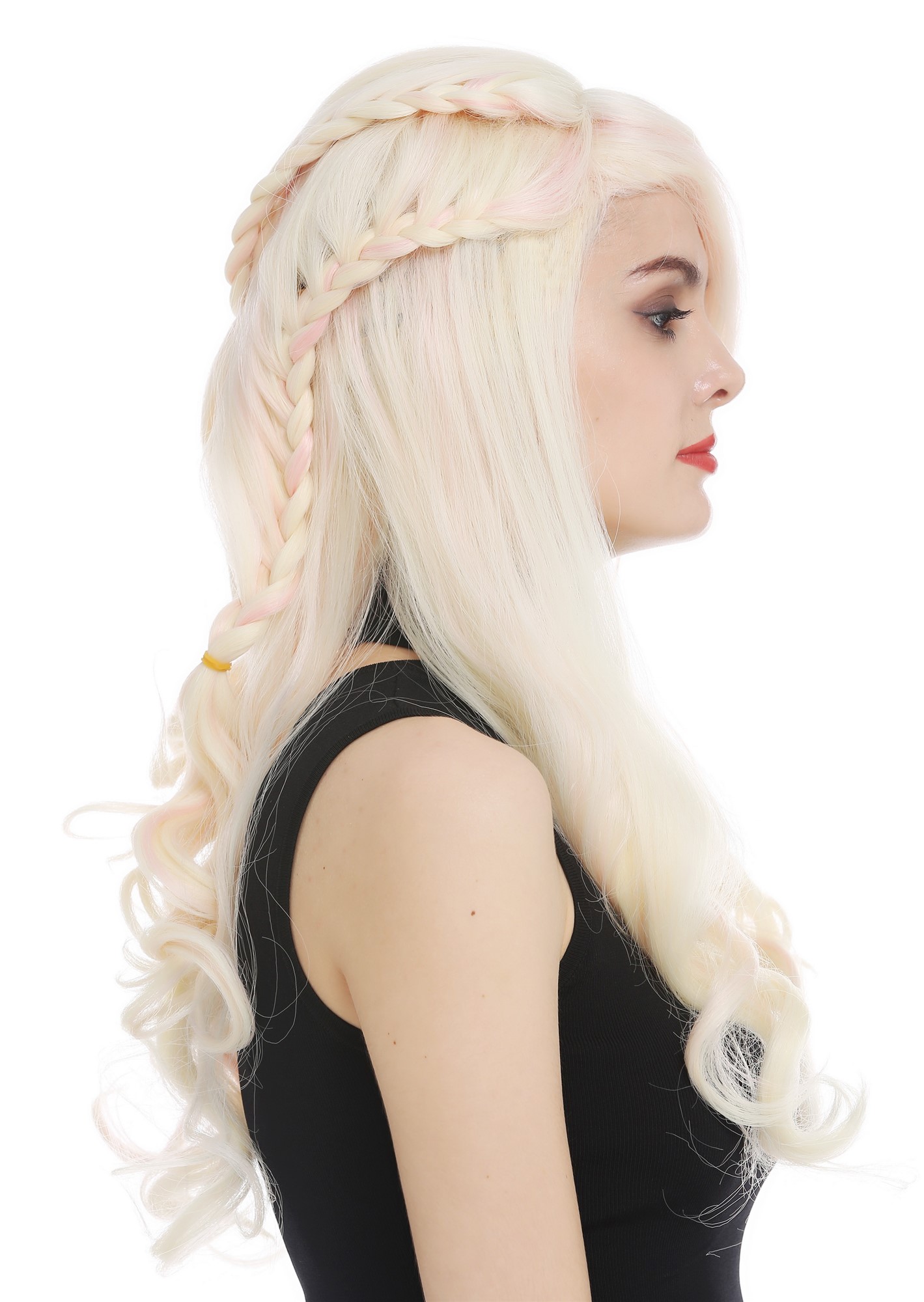 hochwertige Qualitätsperücken, Perücke lang geflochten Platin Blond Rosa WL-5013TP-613FT2333, Ansicht 6, WIG ME UP: Ihr Perücken Online Shop geflochtene Tressen-Perücke mit Kopfhaut-Imitat Blond-Rosa-Mix lange Haare für Damen