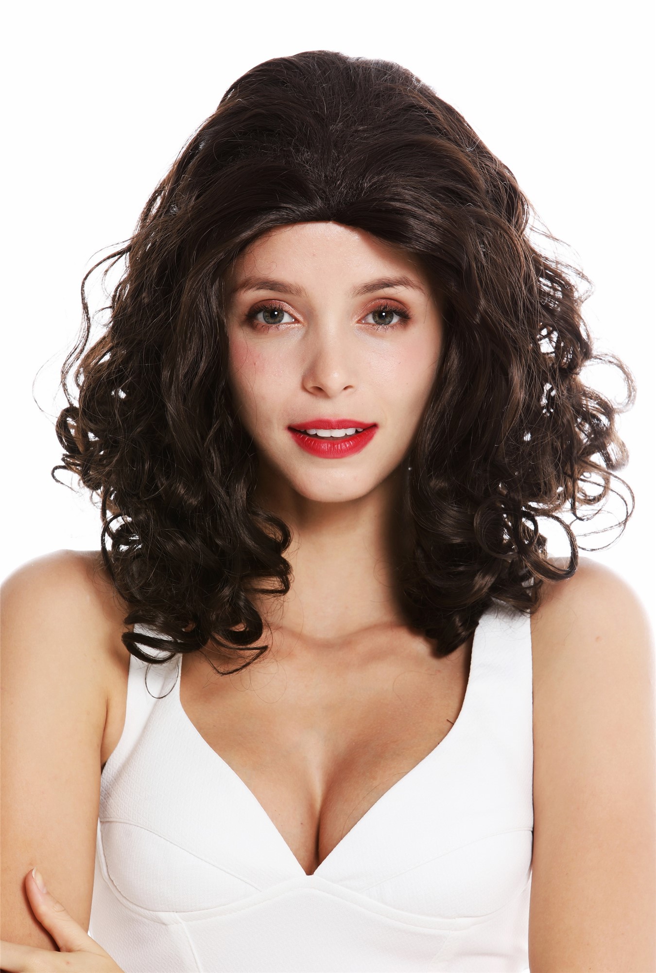 hochwertige Qualitätsperücken, Perücke lang voluminös gelockt voluminös Braun GFW36321-6, Vorderansicht, WIG ME UP: Ihr Perücken Online Shop lockige Tressen-Perücke Mittelbraun schulterlange Haare für Damen