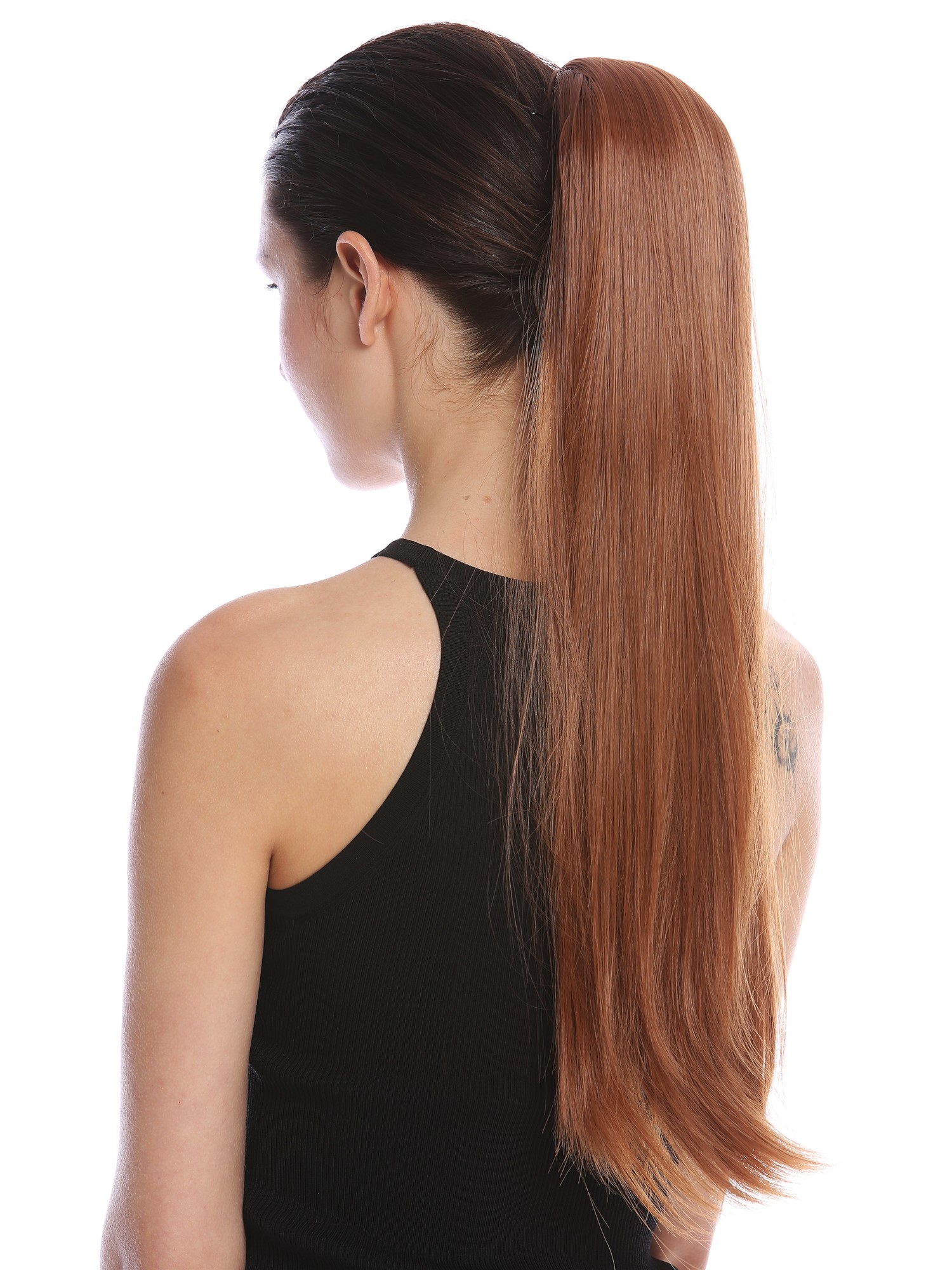 Ponytail Hairpiece comb ribbon wrap-around long straight copper brown YZF-1094S, front view, WIG ME UP: Your Perücken Online Shop Ponytails, copper brown, straight, long