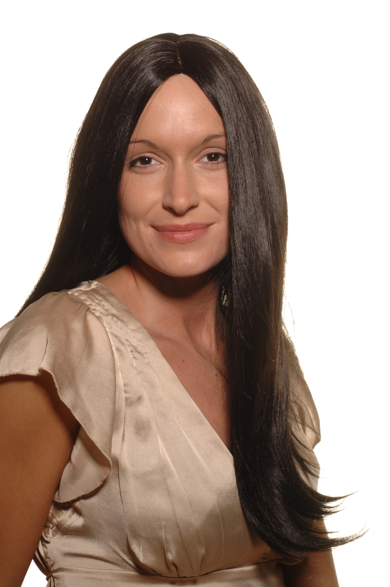 hochwertige Qualitätsperücken, Damen Perücke lang glatt Mittelscheitel schwarz samtschwarz SA-151-1B, Vorderansicht, WIG ME UP: Ihr Perücken Online Shop glatte Tressen-Perücke mit Kopfhaut-Imitat Samtschwarz lange Haare für Damen