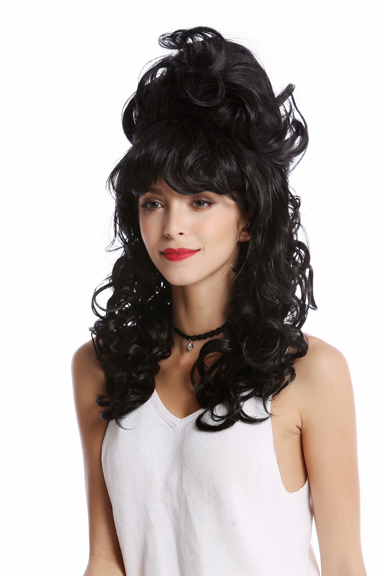 hochwertige Qualitätsperücken, Perücke 60er Retro Hochsteckfrisur Beehive Schwarz GF-W2418-1B, Ansicht 3, WIG ME UP: Ihr Perücken Online Shop lockige Tressen-Perücke Samtschwarz lange Haare für Damen