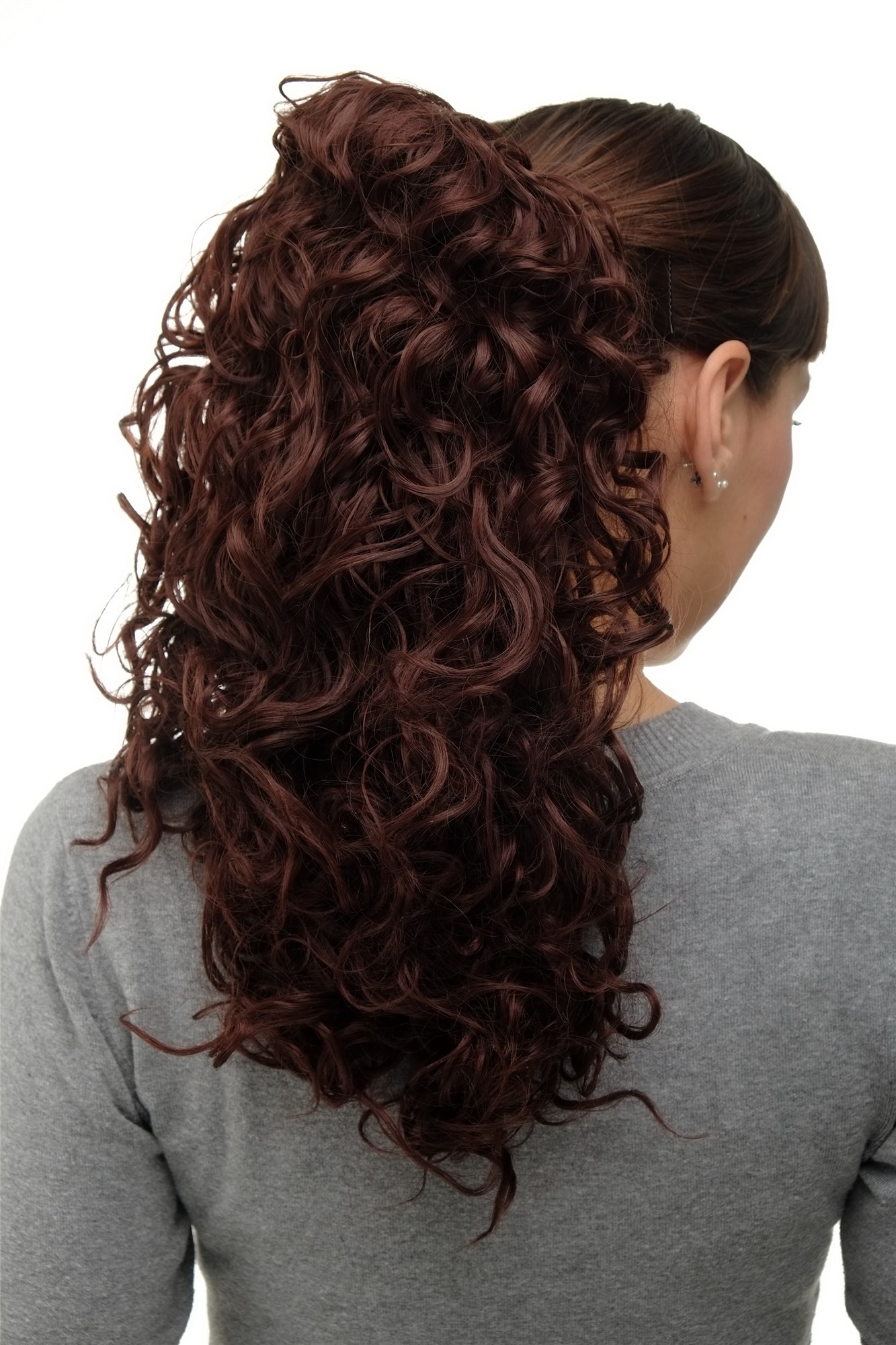 Hairpiece Ponytail with 2 combs/clips & elastic draw string long full curls voluminous mahogany, view 4, WIG ME UP: Your Perücken Online Shop Ponytails, mahogany brown, curled, shoulder-length