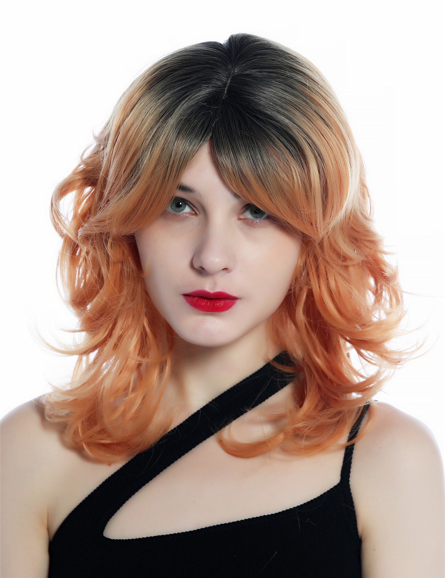 hochwertige Qualitätsperücken, Perücke wild struppig gewellt gelockt schulterlang Ombre Schwarz Kupferblond SZL0673-T-010, Ansicht 2, WIG ME UP: Ihr Perücken Online Shop lockige Tressen-Perücke mit Kopfhaut-Imitat Schwarz-Kupferblond-Verlauf lange Haare für Damen