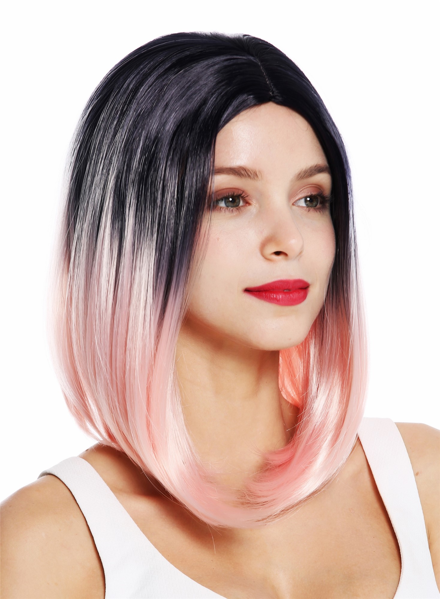 Lady wig short sleek long bob middle parting ombre black light pink ZM-1769, front view, WIG ME UP: Your Perücken Online Shop Quality Wigs, Ladies, pink-black mix, straight, shoulder-length