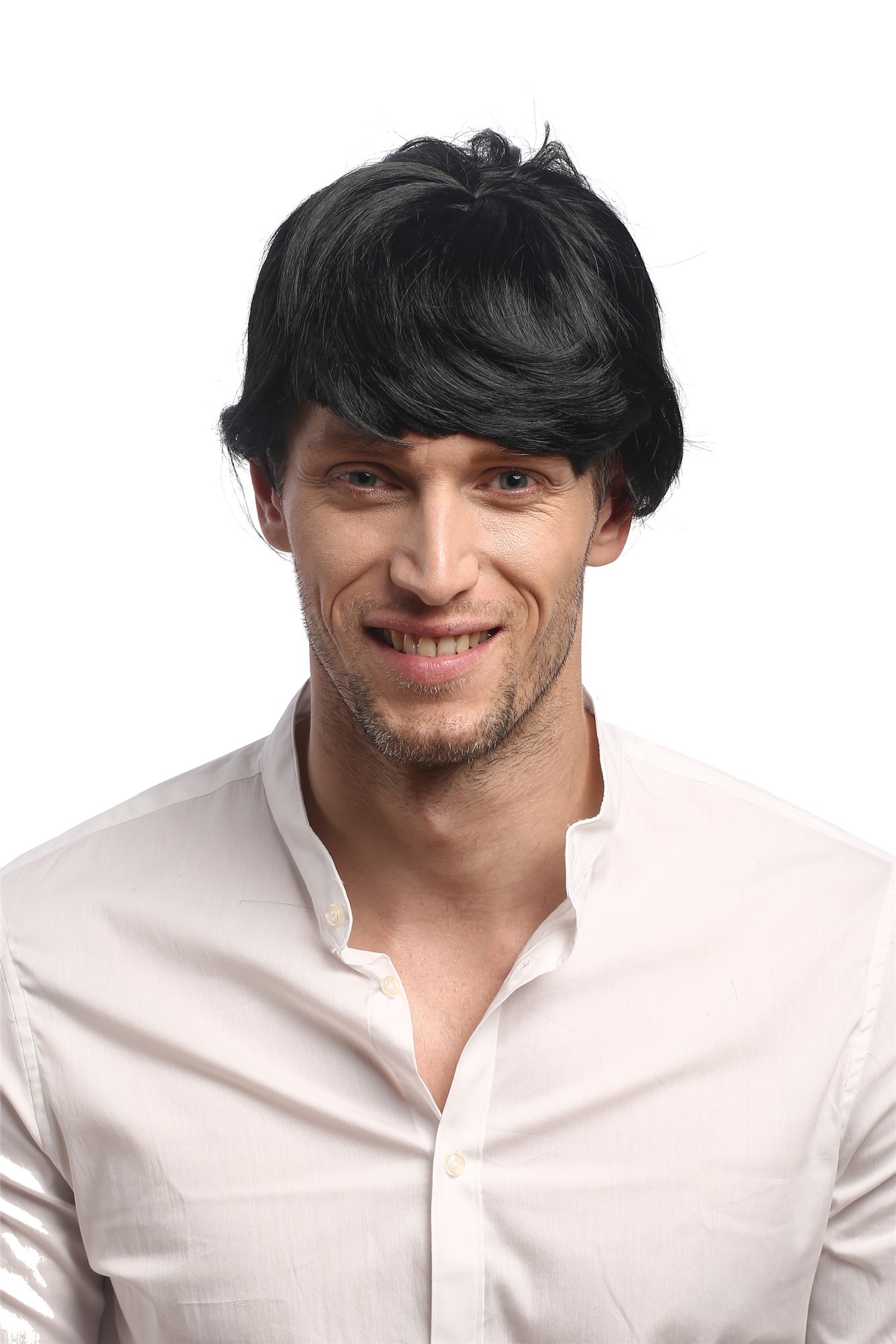 91087-ZA103 Man Gents Party Wig Halloween Fancy Dress black short fringe parting to side, front view, WIG ME UP: Your Perücken Online Shop Party Wig, Men, Black, wavy, short