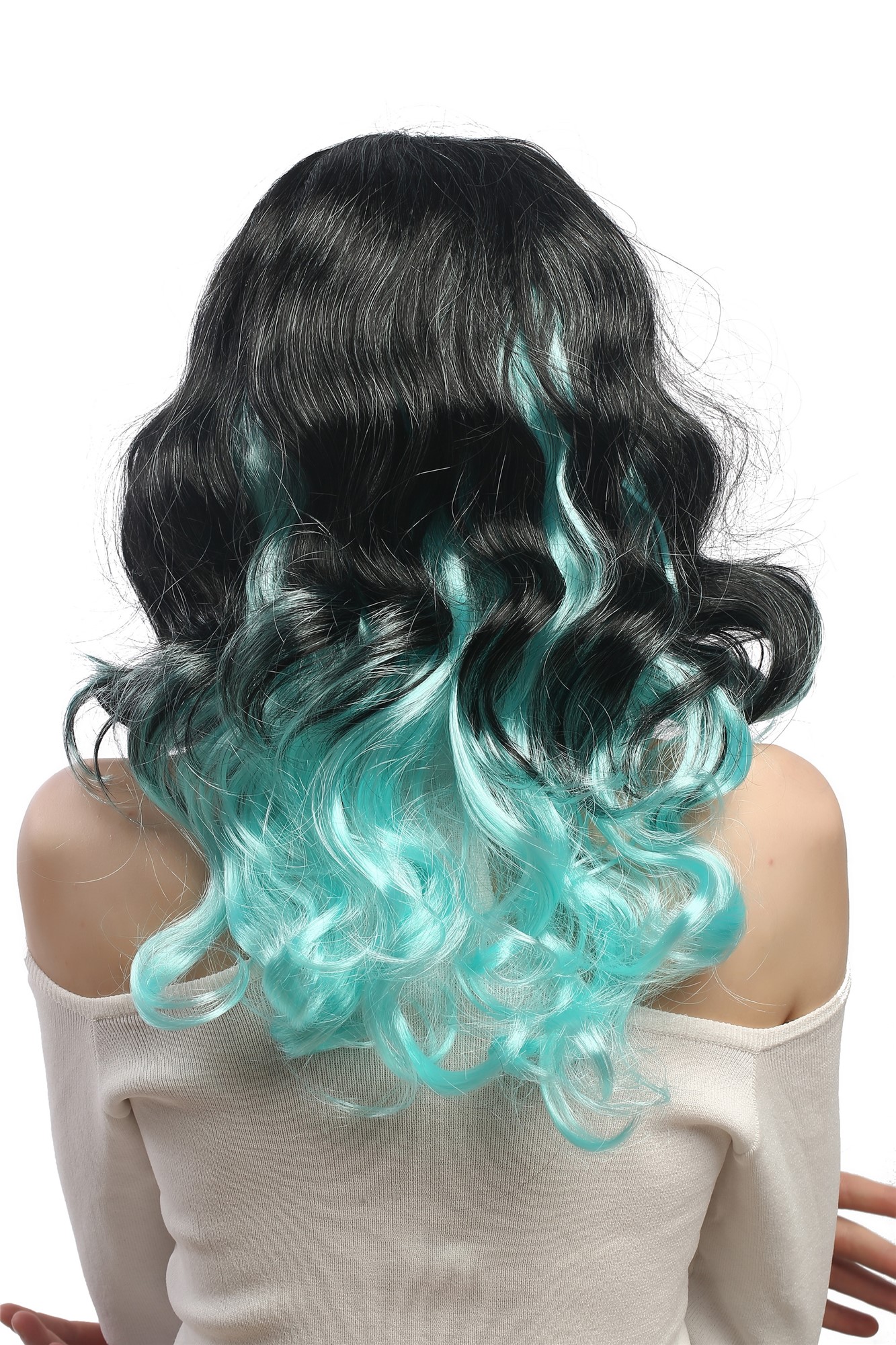 DEC185-ZA103-98A Lady Party Wig Halloween ombre black turquise blue long wavy voluminous, view 4, WIG ME UP: Your Perücken Online Shop Party Wig, Ladies, Black,Blue, wavy, long