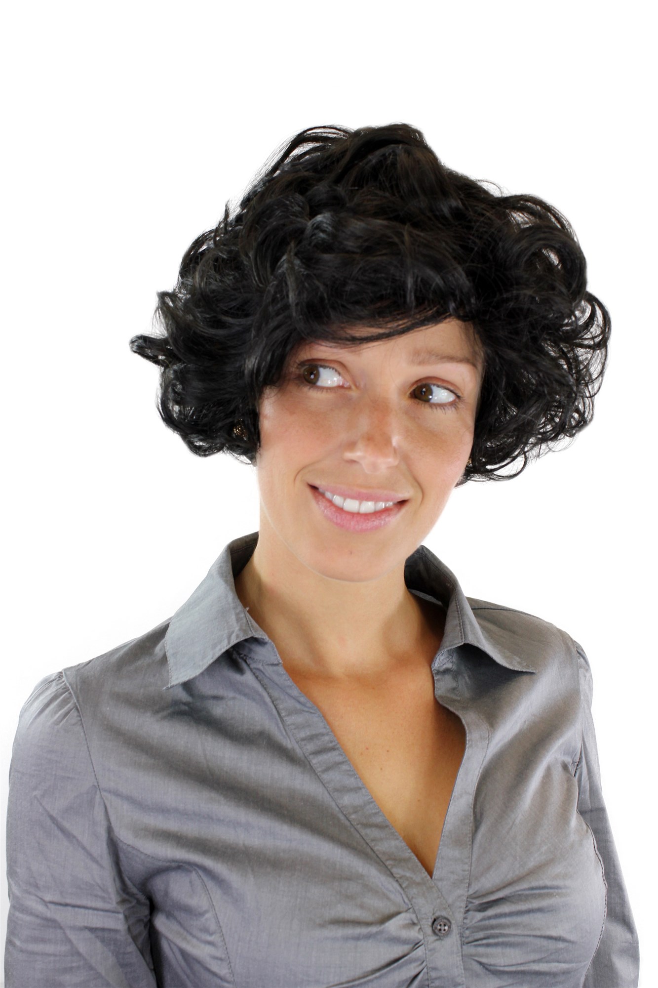 hochwertige Qualitätsperücken, Perücke kurz kesse Locken schwarz GFW963-1B, Vorderansicht, WIG ME UP: Ihr Perücken Online Shop lockige Tressen-Perücke Samtschwarz kurze Haare für Damen