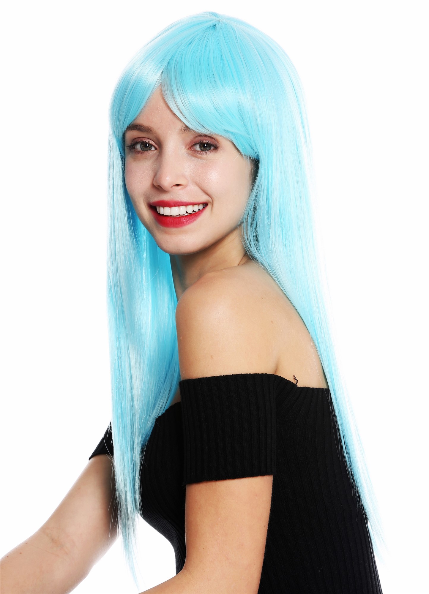 hochwertige Qualitätsperücken, Perücke lang glatt langer Pony gescheitelt Hellblau VK-8-T4516, Ansicht 3, WIG ME UP: Ihr Perücken Online Shop glatte Tressen-Perücke mit Kopfhaut-Imitat Eisblau lange Haare für Damen