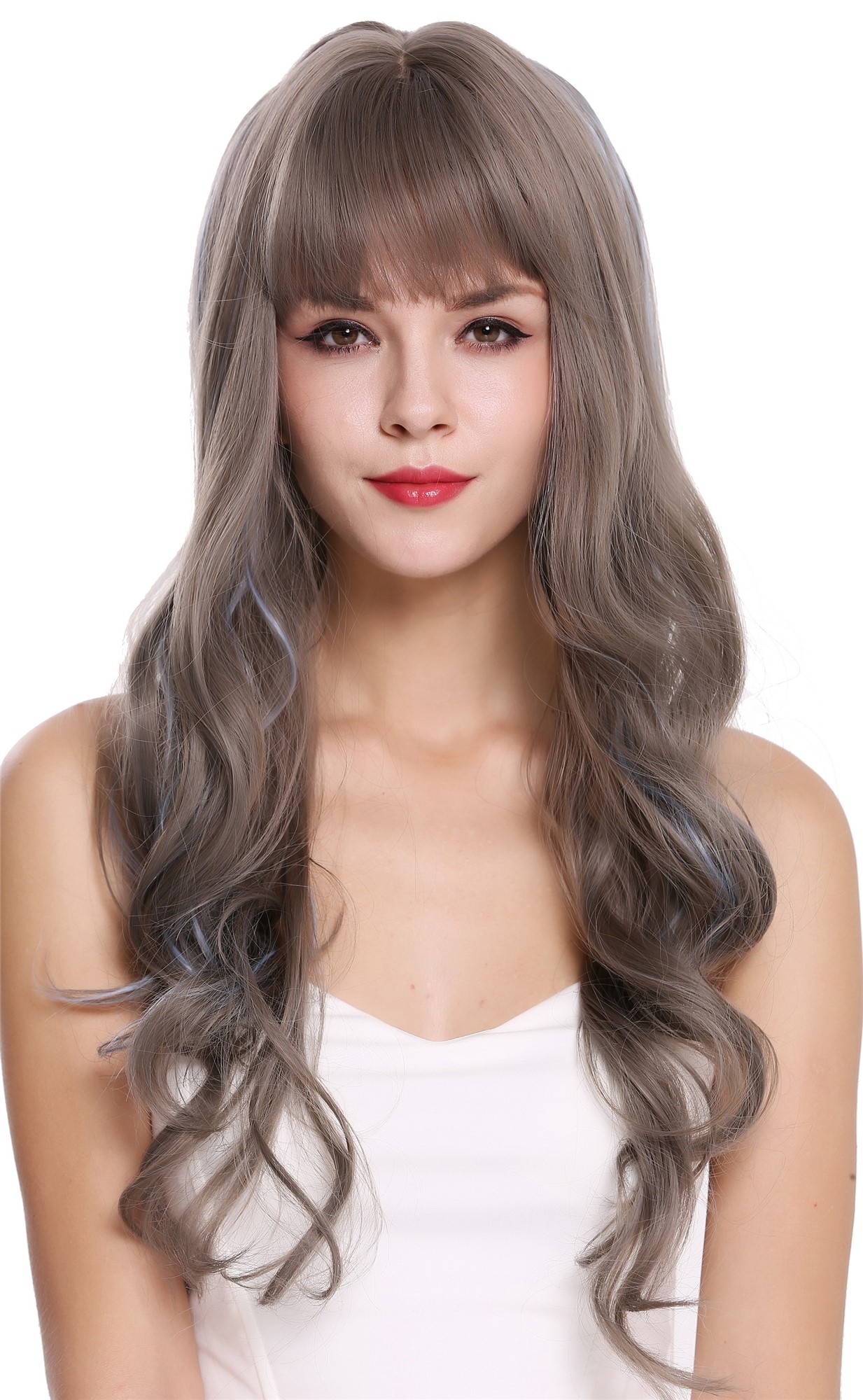 hochwertige Qualitätsperücken, Perücke lang wellig Pony Balayage Grau Braun Blau H1734-8A/10A/4134, Vorderansicht, WIG ME UP: Ihr Perücken Online Shop wellige Tressen-Perücke mit Kopfhaut-Imitat Aschgrau-Goldbraun-Hellblau-Mix lange Haare für Damen
