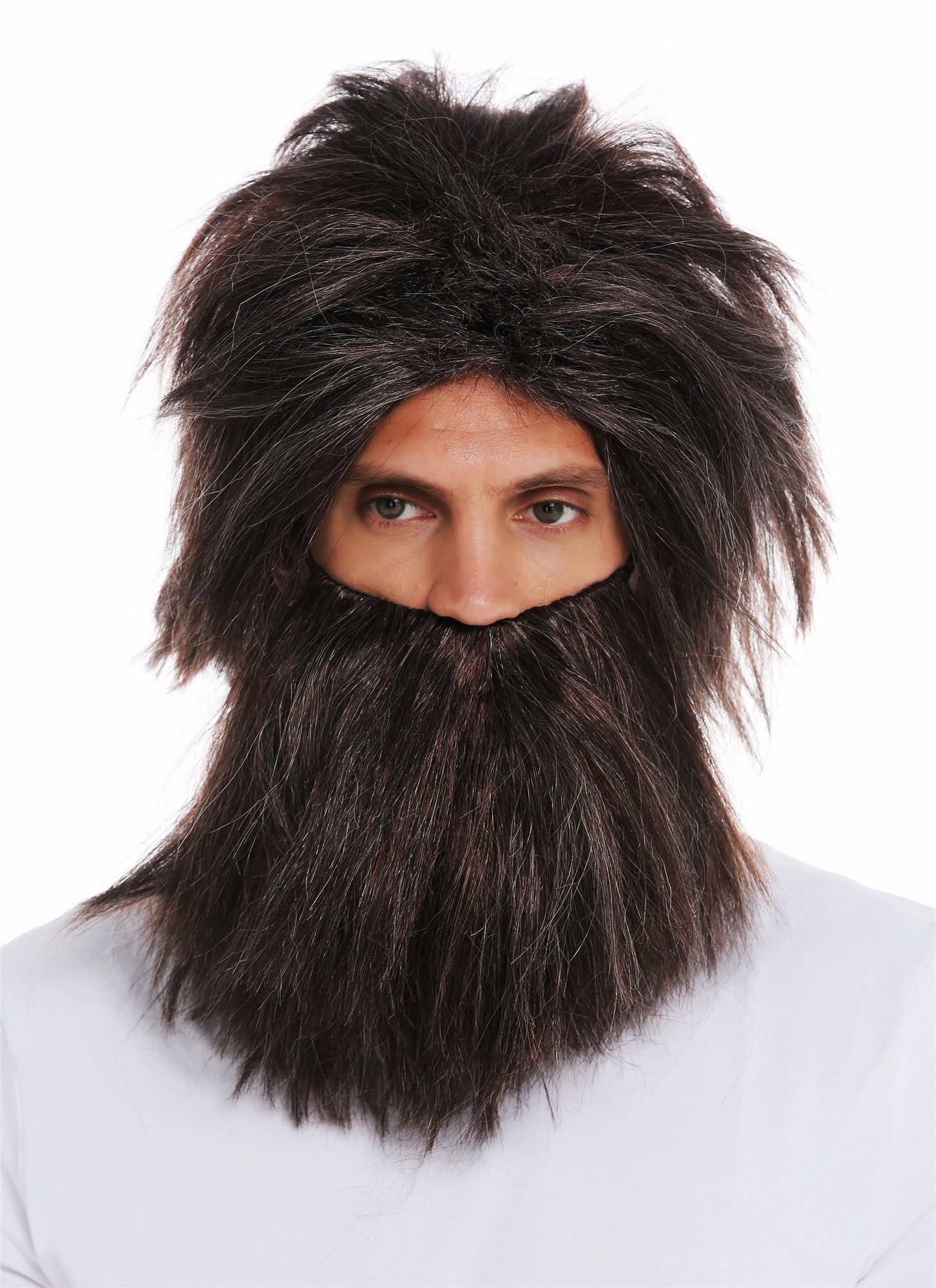 günstige Party Perücke, Perücke Bart Urmensch Neandertaler Wild Braun Mix Grau 6090A+B-P1-P68A-P30, Ansicht 3, WIG ME UP: Ihr Perücken Online Shop glatte Party Perücke Schwarz-Weiß-Kastanienbraun-Mix kurze Haare für Herren