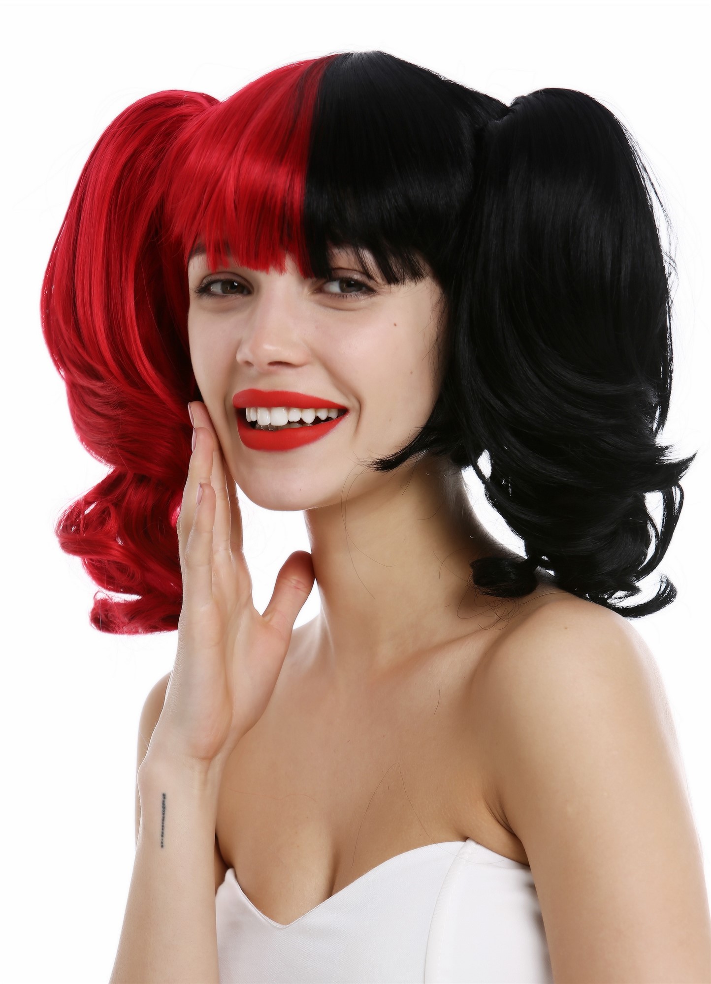 Lady wig set Gothic Lolita Harlequin 2 long wavy pigtails half red back ZM-1189, front view, WIG ME UP: Your Perücken Online Shop Quality Wigs, Ladies, black-red mix, curled, short