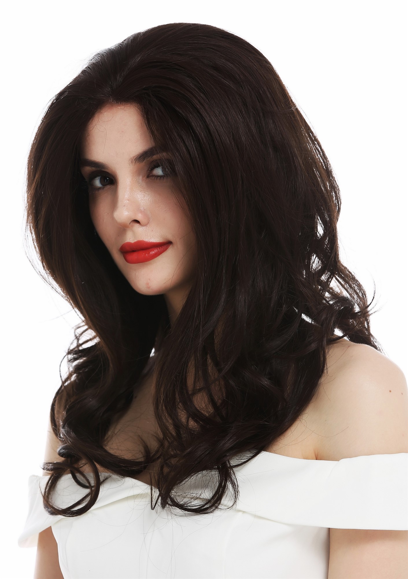 Women's wig lace front long wavy voluminous dark brown mix TYM-061-LF, front view, WIG ME UP: Your Perücken Online Shop Quality Wigs, Ladies, brown mix, curled, long