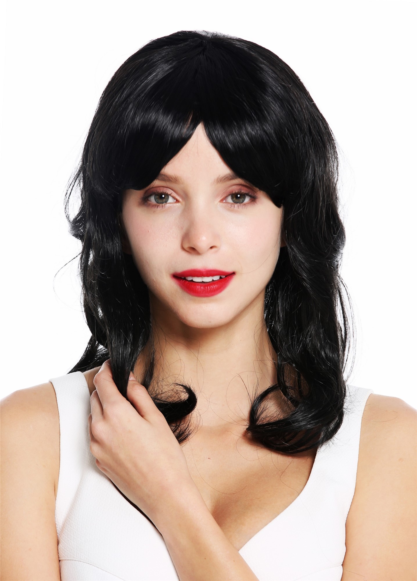 hochwertige Qualitätsperücken, Perücke lang lockig Locken Schwarz VK-52-1B, Ansicht 3, WIG ME UP: Ihr Perücken Online Shop lockige Tressen-Perücke Samtschwarz lange Haare für Damen