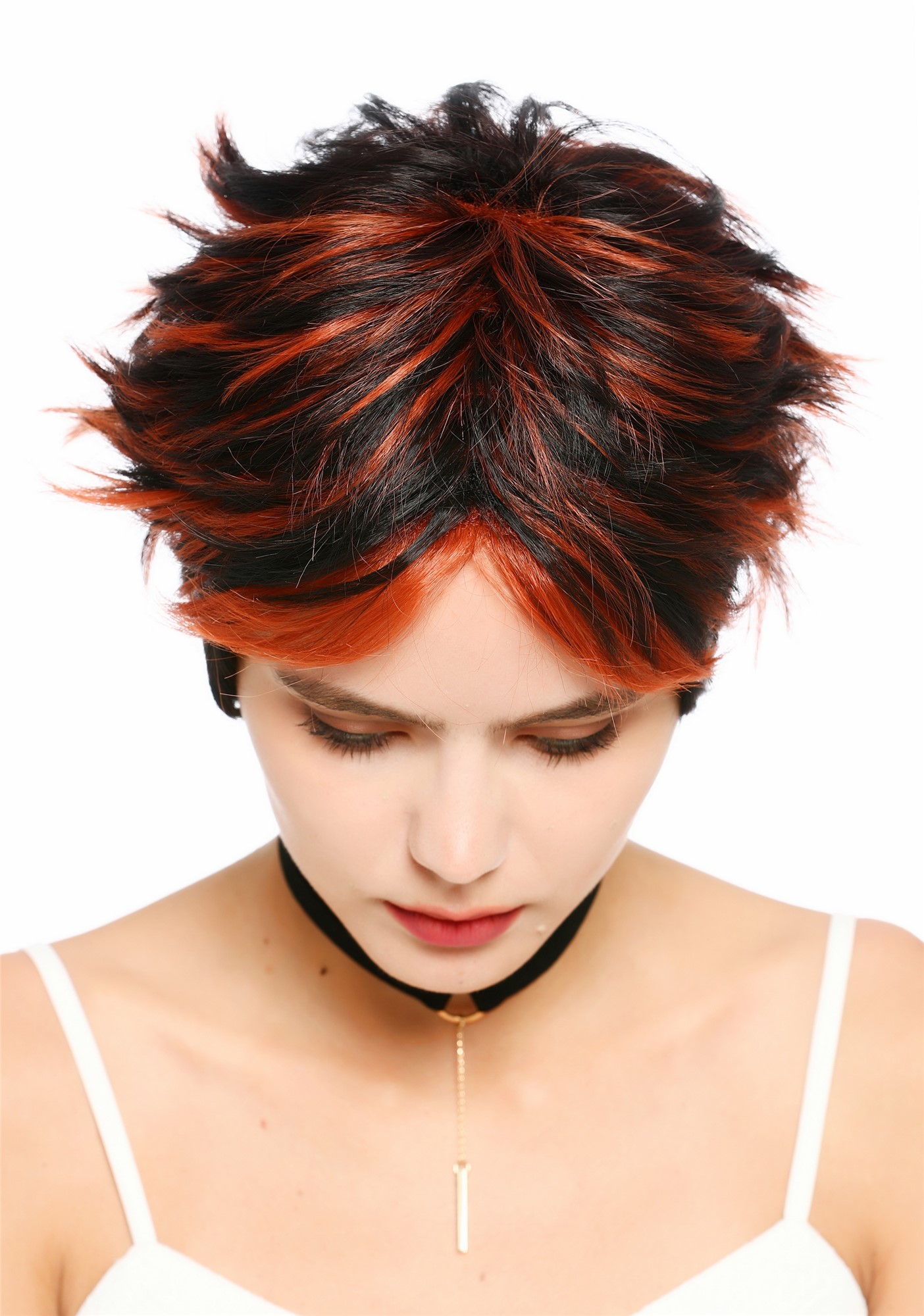 wellige Party-Perücke Schwarz mit rostroten Strähnen 30 cm lange Perücke für Damen