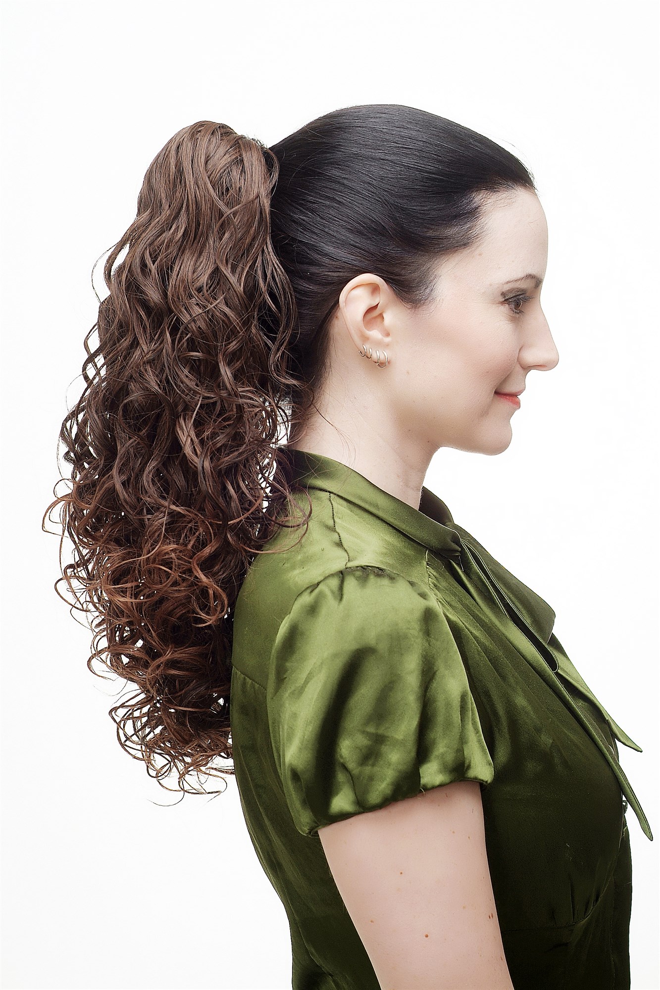 Hairpiece Ponytail with Claw Clamp/Clip long full & voluminous stringy wetlook curls brown chestnut, view 3, WIG ME UP: Your Perücken Online Shop Ponytails, black-brown mix, curled, shoulder-length