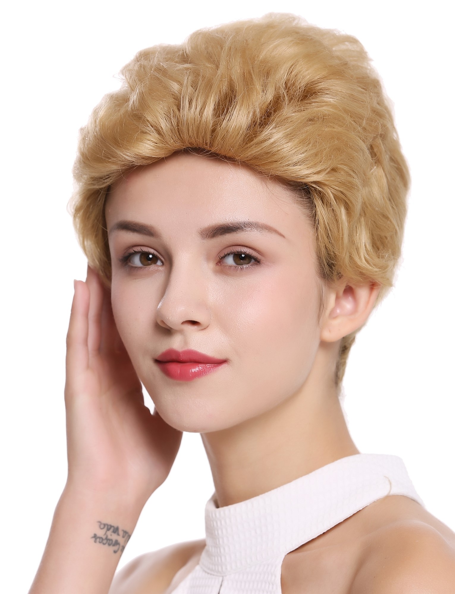 hochwertige Qualitätsperücken, Perücke Echthaar Herren Damen kurz Tolle Blond B-HH-12-24B, Ansicht 3, WIG ME UP: Ihr Perücken Online Shop wellige Tressen-Perücke mit Klebeflächen 100% Echthaar Goldblond kurze Haare für Unisex