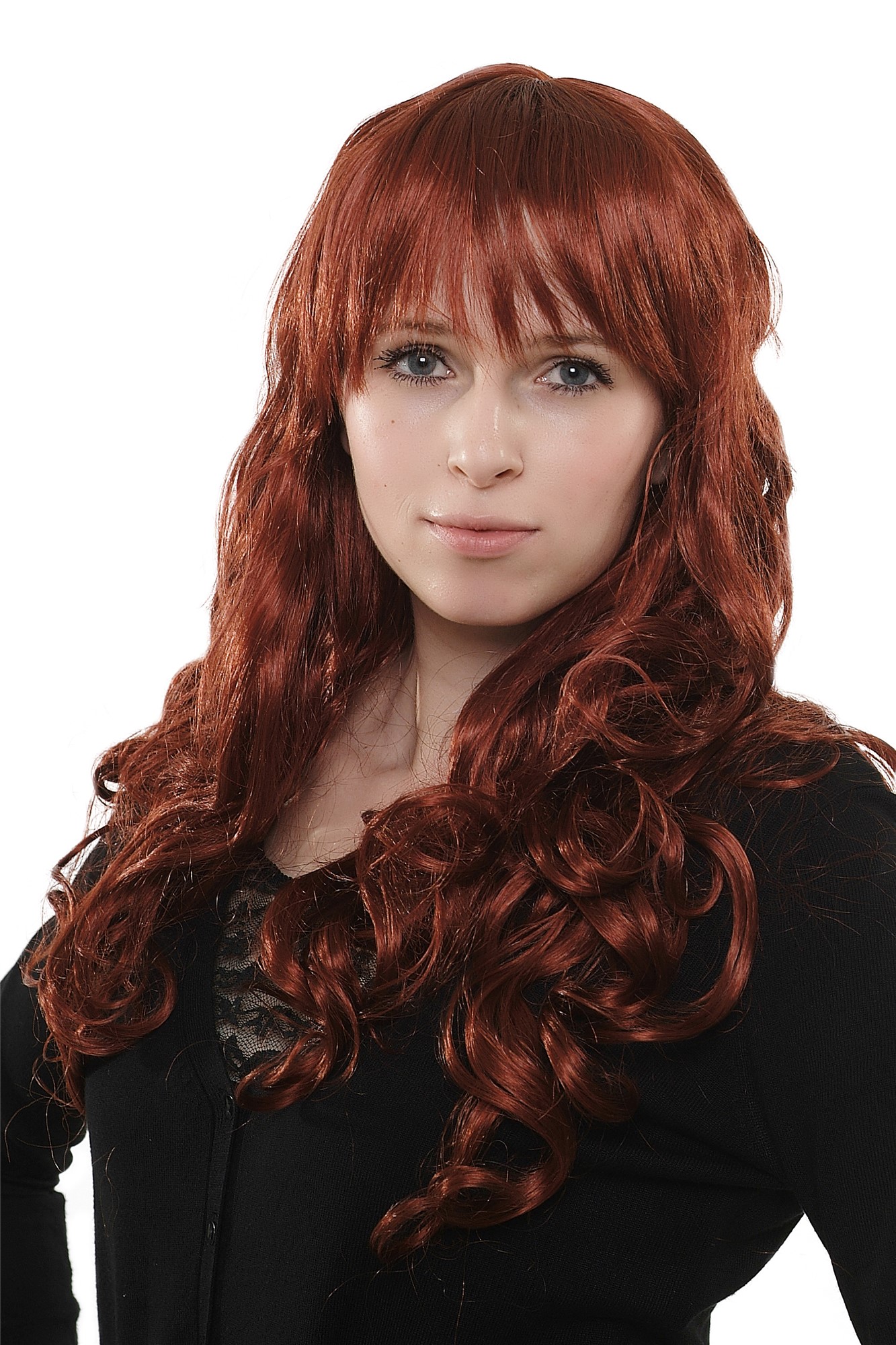 Lady wig sexy wild fringe bangs dark red urls volume Jezebel She-Devil 3404, front view, WIG ME UP: Your Perücken Online Shop Quality Wigs, Ladies, copper, wavy, long