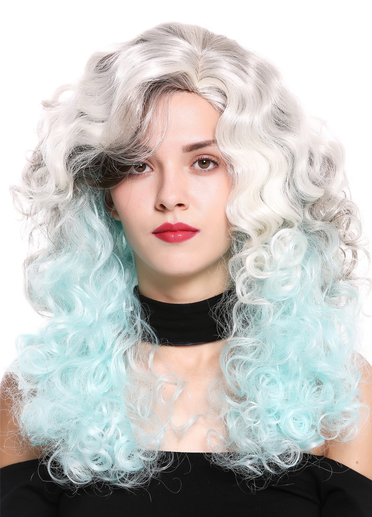 hochwertige Qualitätsperücken, Perücke Lang Volumen Seitenscheitel Braun Blond Blau 1355AB-8+60+L-BLUE, Vorderansicht, WIG ME UP: Ihr Perücken Online Shop lockige Tressen-Perücke mit Kopfhaut-Imitat Aschbraun-Schwedenblond-Türkisblau-Mix lange Haare für Damen