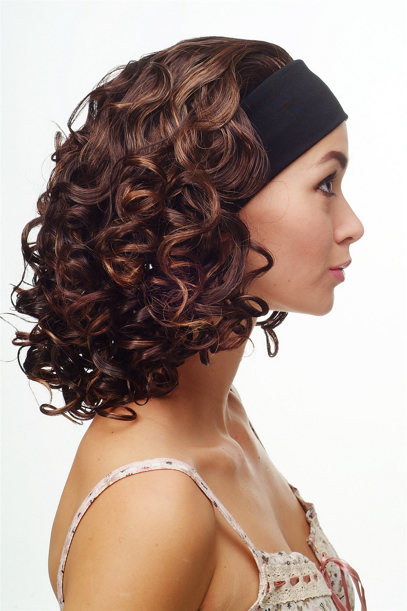 hochwertige Qualitätsperücken, Damenperücke Stirnband Braun Locken Schulterlang Modell: BRO-704, Ansicht 3, WIG ME UP: Ihr Perücken Online Shop lockige Tressen-Perücke mit Stirnband Braun-Blond-Mix schulterlange Haare für Damen