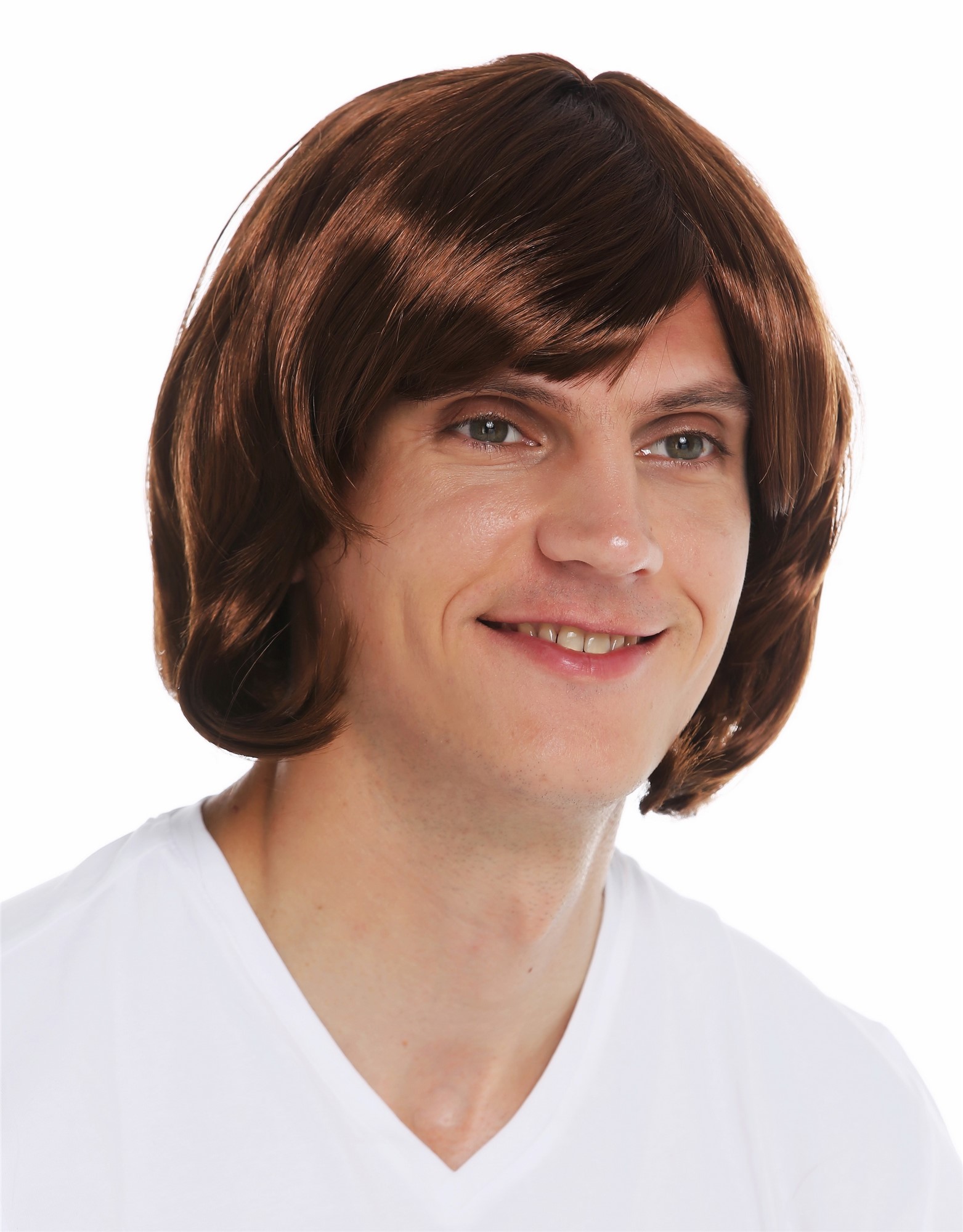 günstige Party Perücke, Perücke Minnesänger Schlager-Sänger trashig 2623-P33, Vorderansicht, WIG ME UP: Ihr Perücken Online Shop wellige Party Perücke Mahagonibraun kurze Haare Unisex